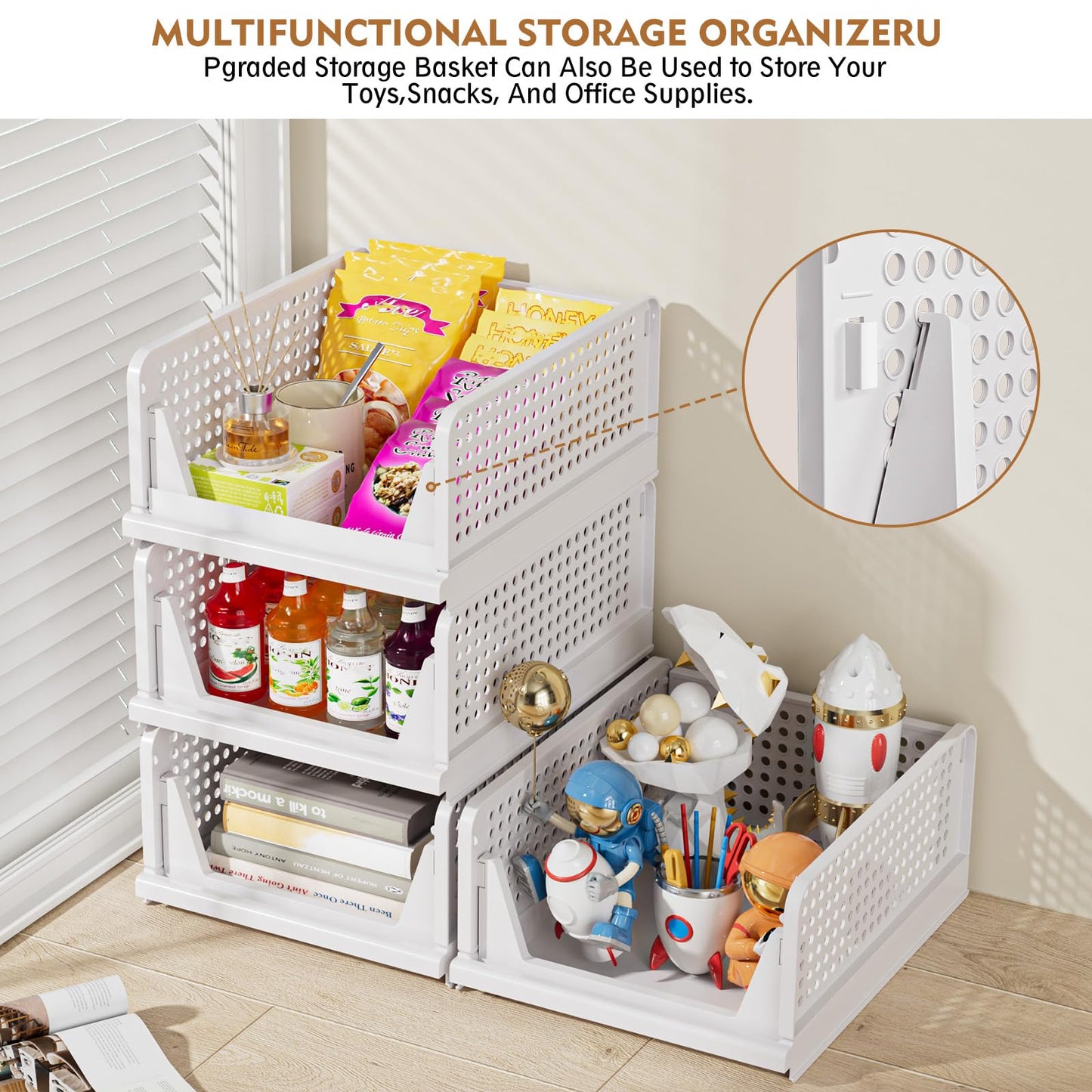 SNSLXH 5 Pack White Stackable Closet Organizer Box, Multifunctional & Foldable Storage Basket for Bathroom, Kitchen, Laundry Room, Wardrobe, Space-Saving Clothes Storage Drawer Organizer