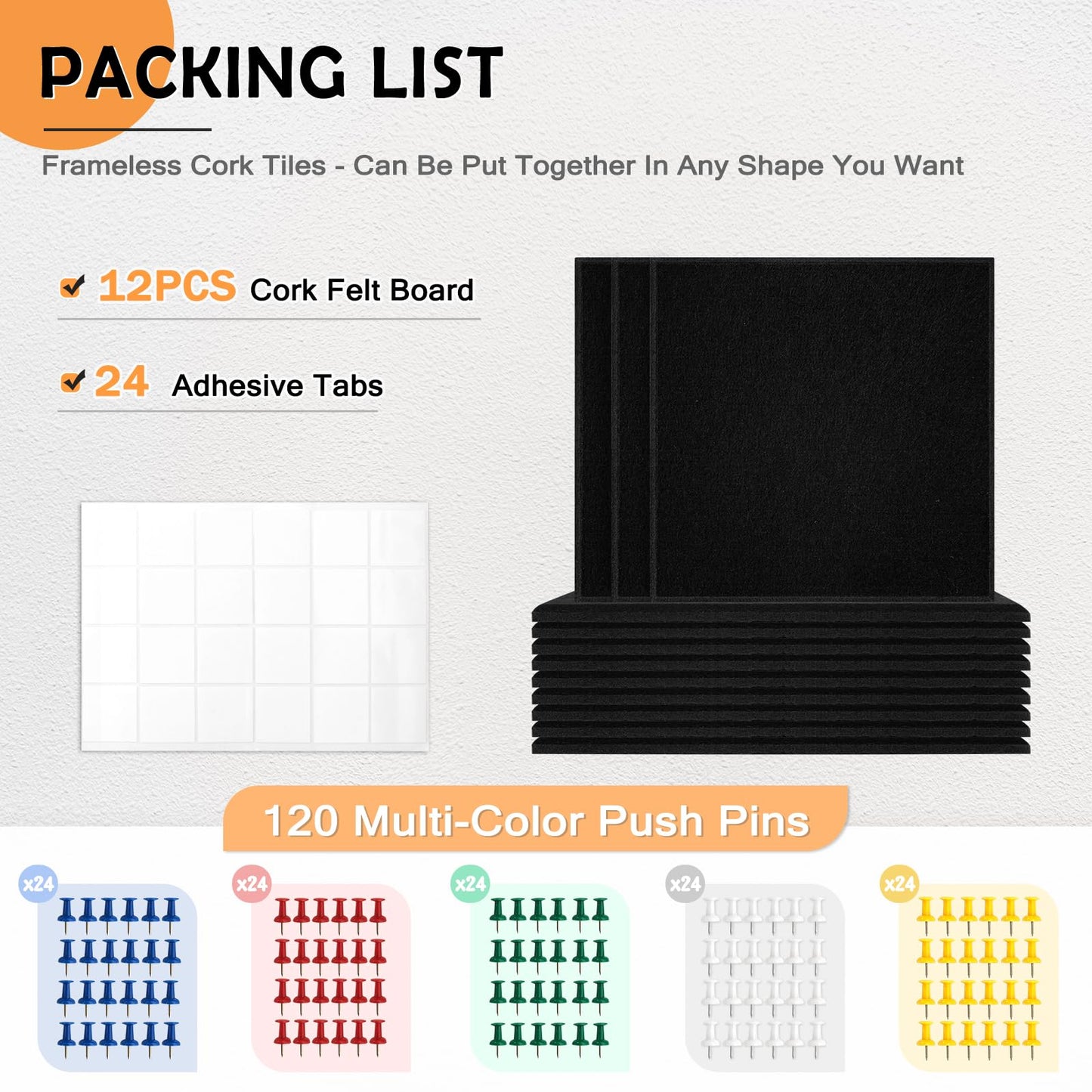 AMUSIGHT Large Cork Board Tiles, 12 Packs 48" x 36" 1/2" Thick Cork Bulletin Board Felt Board Self Adhesive Cork Boards for Walls Home Office Kitchen School, 120 Push pins, Black