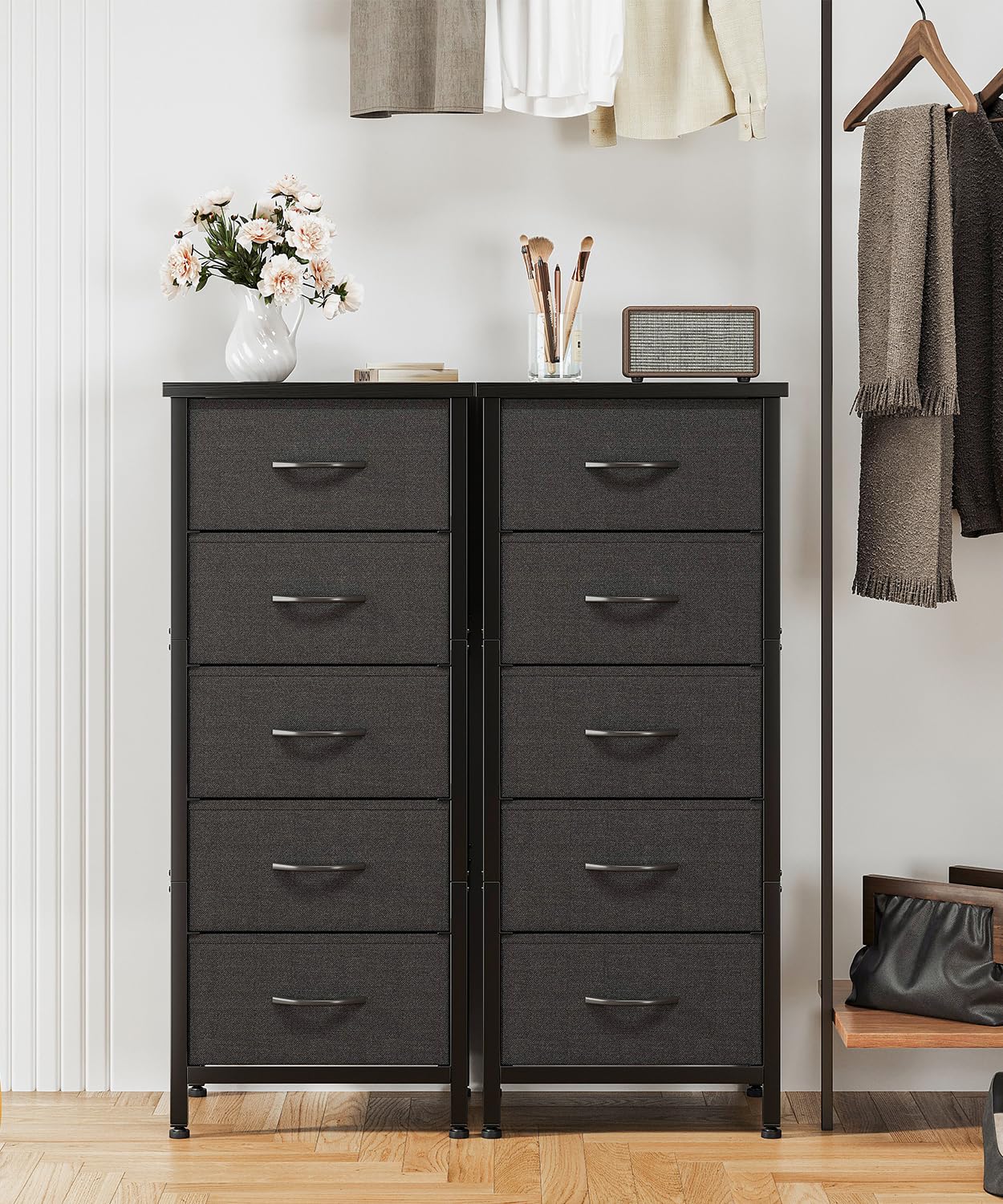 KitMent 5 Drawers Dresser, 47'' Tall Dressers for Bedroom, Storage Cabinete Chest of Drawers, Commode De Chambre for Entryway, Living Room, Bedside, Closet, Fabric Wooden Dresser Bins, Black