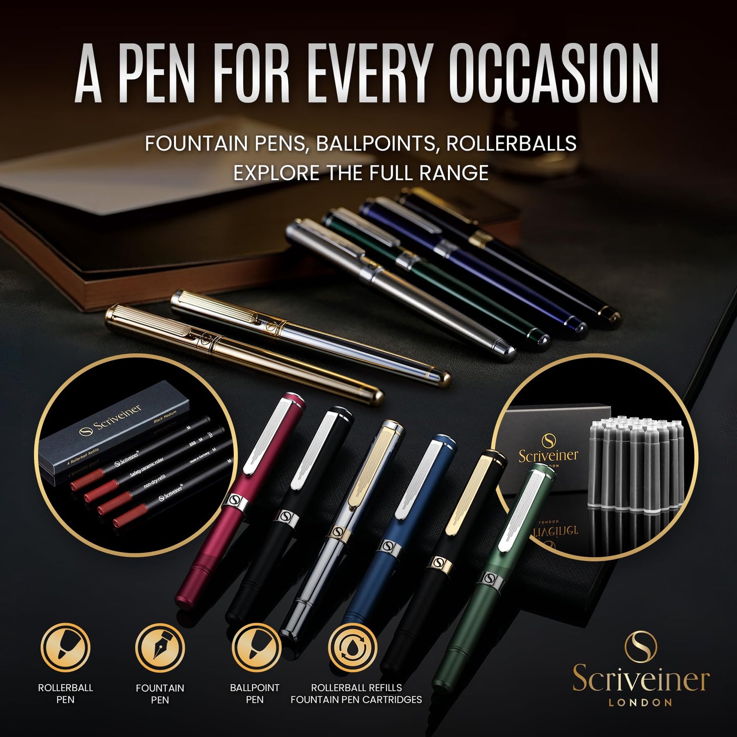 Scriveiner Silver Chrome Ballpoint Pen - Stunning Luxury Pen, Real Gold Plating, Schmidt Black Refill, Best Ball Pen Gift Set for Men & Women, Professional Executive Office, Nice Fancy Designer Pens