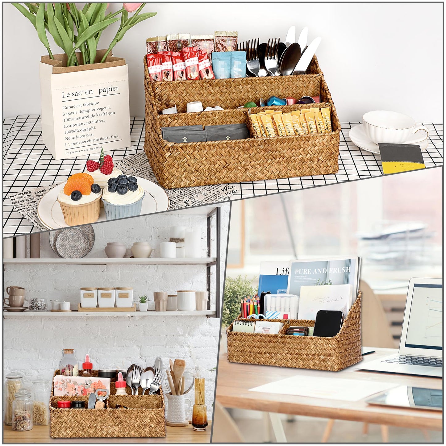 BTSKY Office Desk Organizer Natural Seagrass Desk Organizer with 4 compartments, Handmade Woven Wicker Mail Sorters, Office Supply Caddy Accessories Holder Organizer for School, Home, Office Supplies
