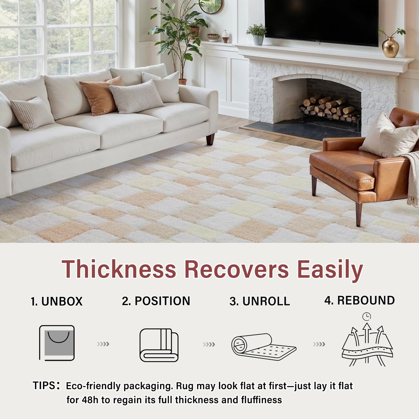 WondRg 6x9 Checkered Fluffy Area Rug for Living Room Bedroom Pink Kids Room Carpet High Pile Washable Non-Slip Tapis Salon Soft Floor Shag Rug for Nursery Large Modern Neutral Thick Plush Fuzzy