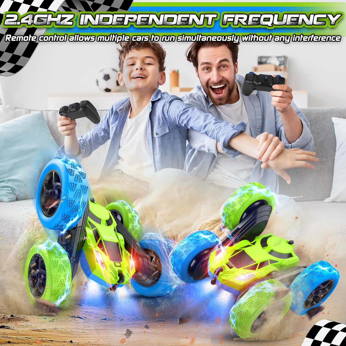Remote Control Cars for Kids, Stunt RC Cars with 4WD Double-Sided Driving 360° Flips Rotating, Remote Car Toys for Boys Valentines Day Gifts Birthday Gifts - Blue&Green