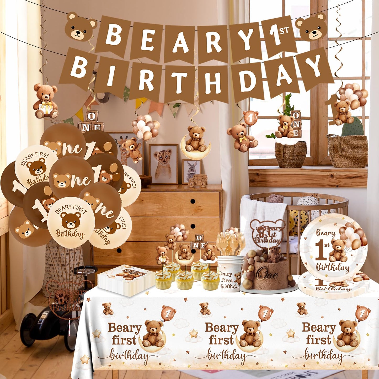 189Pcs Beary First Birthday Party Decorations for Boy,Brown Beary 1st Birthday Theme Tableware Teddy Bear One Year Old Disposable Plates Napkin Tablecloth Spiral Banner Balloon Cake Topper,Serve 24