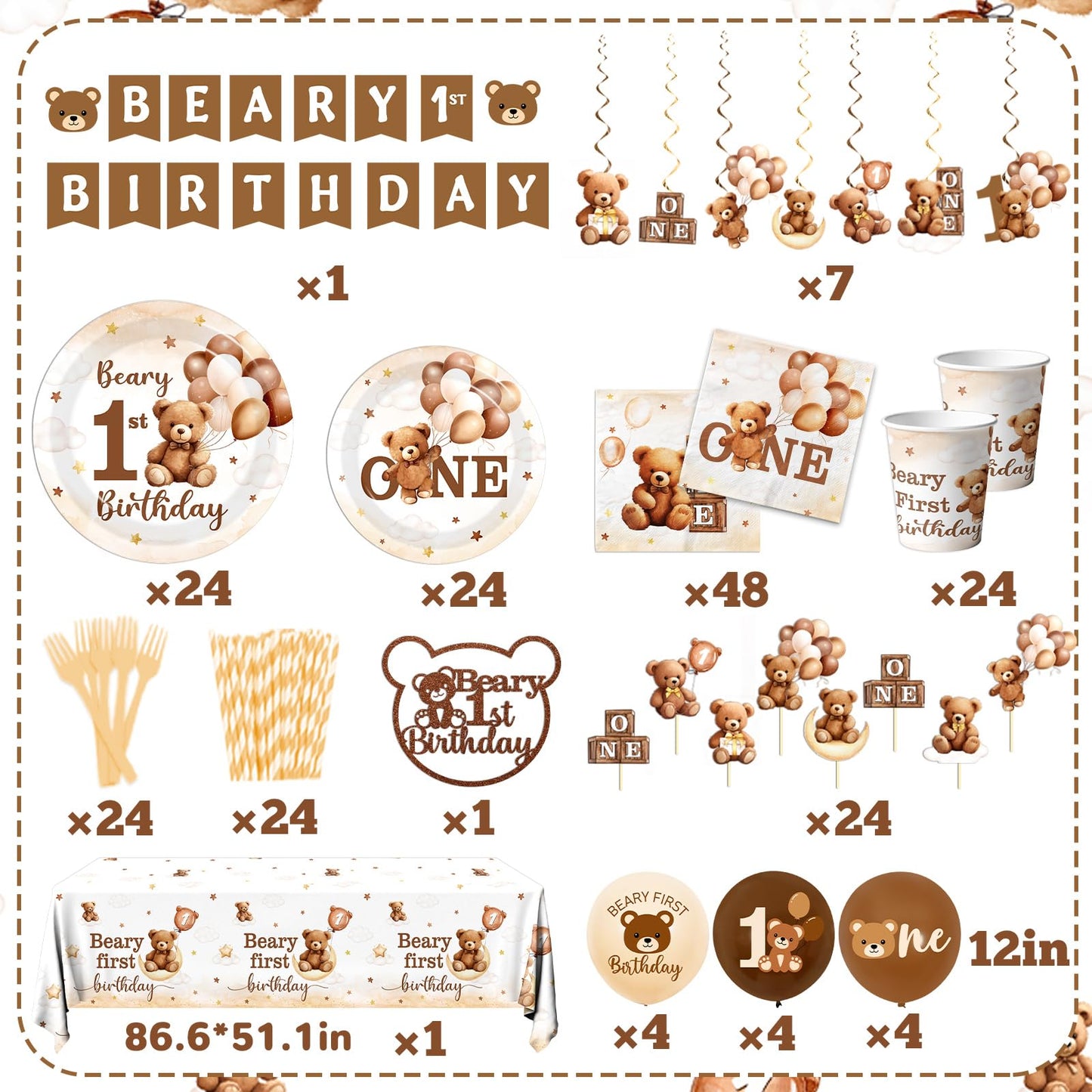 189Pcs Beary First Birthday Party Decorations for Boy,Brown Beary 1st Birthday Theme Tableware Teddy Bear One Year Old Disposable Plates Napkin Tablecloth Spiral Banner Balloon Cake Topper,Serve 24