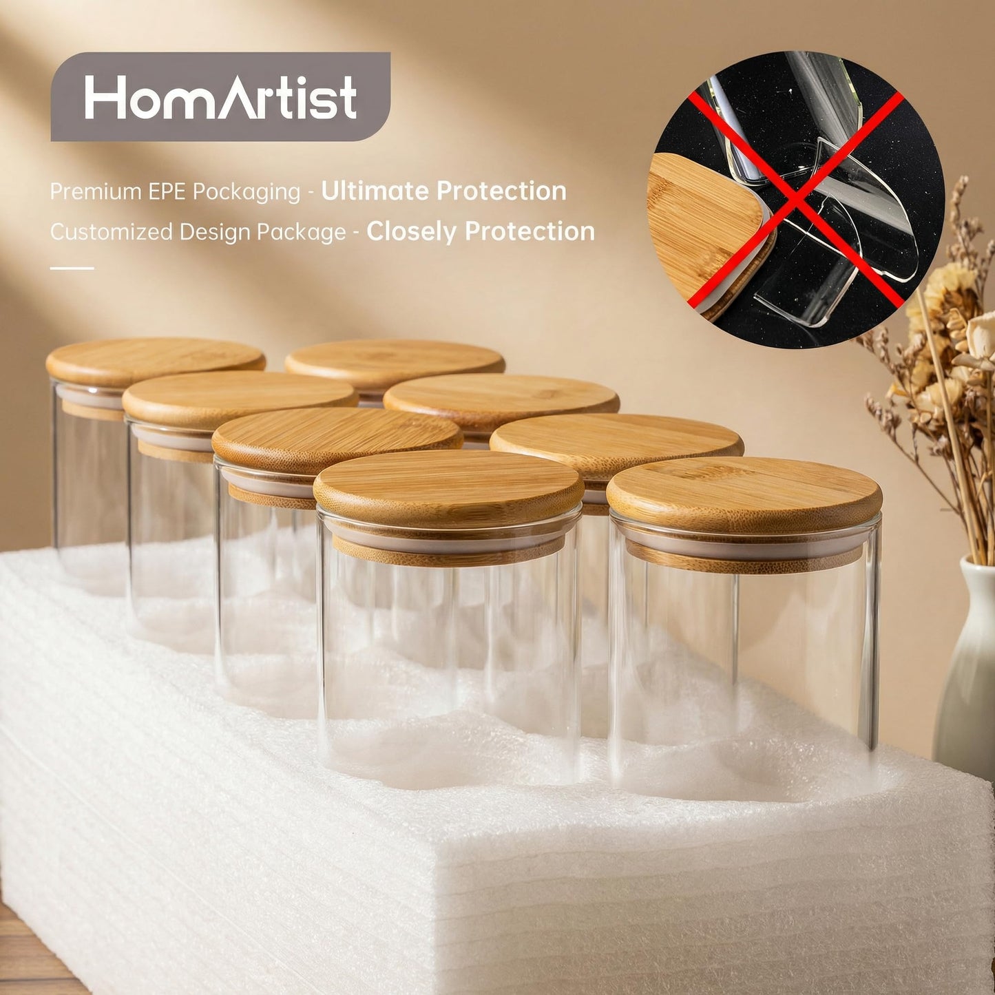 HomArtist Glass Jars with Bamboo Lids 28 floz [Set of 8], Glass Canisters with Airtight Lids, Glass Food Storage Containers for Pasta, Oats, Coffee, Flour, Sugar, Rice, Best for Kitchen & Pantry