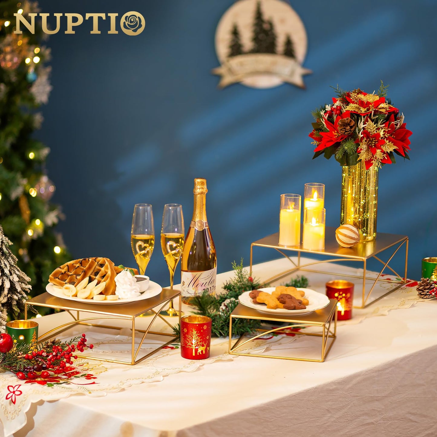 NUPTIO Cake Stand Dessert Display: Gold Cupcake Stands Set of 3 Metal Food Risers for Buffet Table Pedestal Serving Tray for Wedding Anniversary Reception Ceremony Modern Plant Stand 21 26 31CM