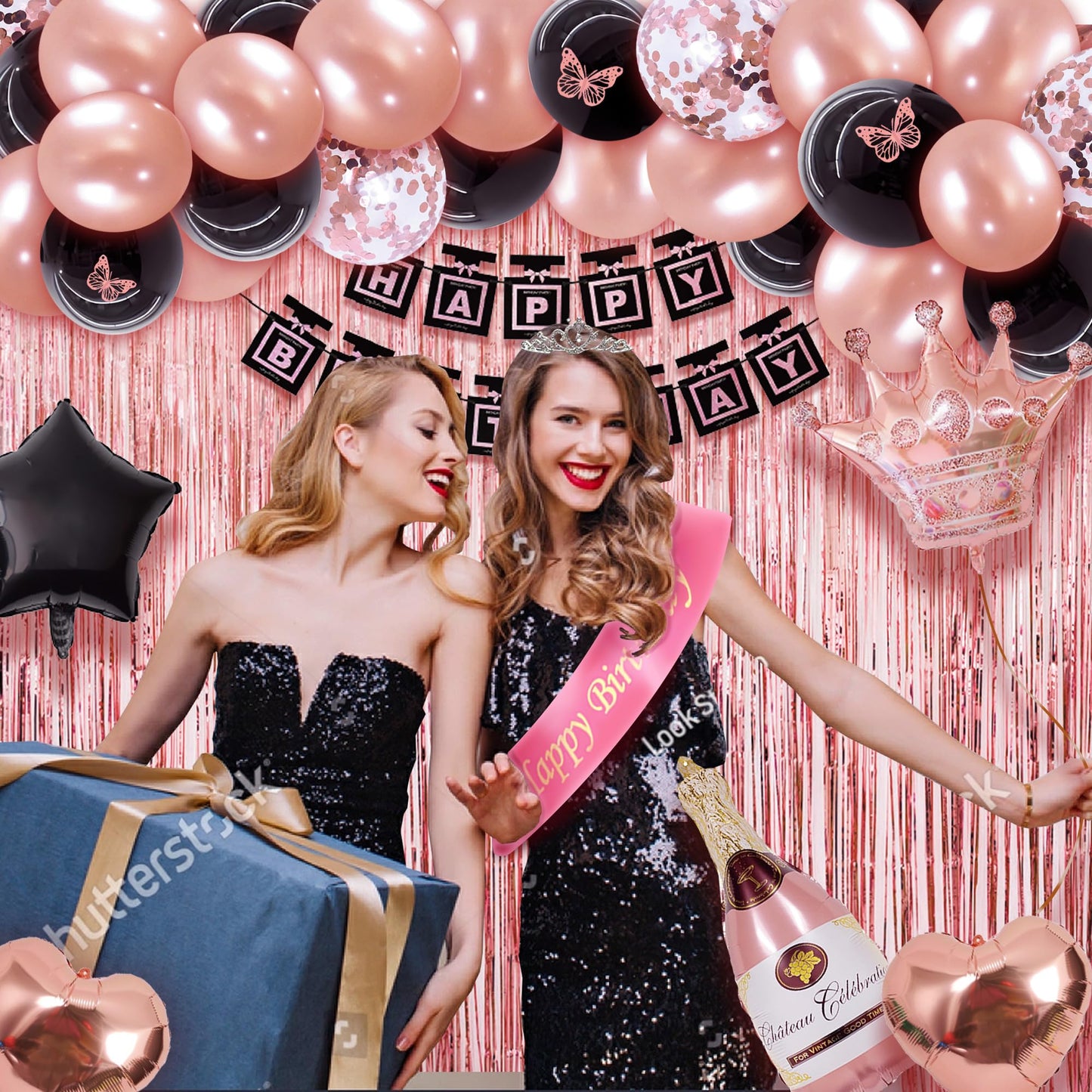 210 Pcs Birthday Party Decorations for Woman Girl, Rose Gold Party Decorations, Happy Birthday Decorations - Balloon Stand Kit, Banner, Tassel Curtain,Crown,Tableware Kit For 12 Guests