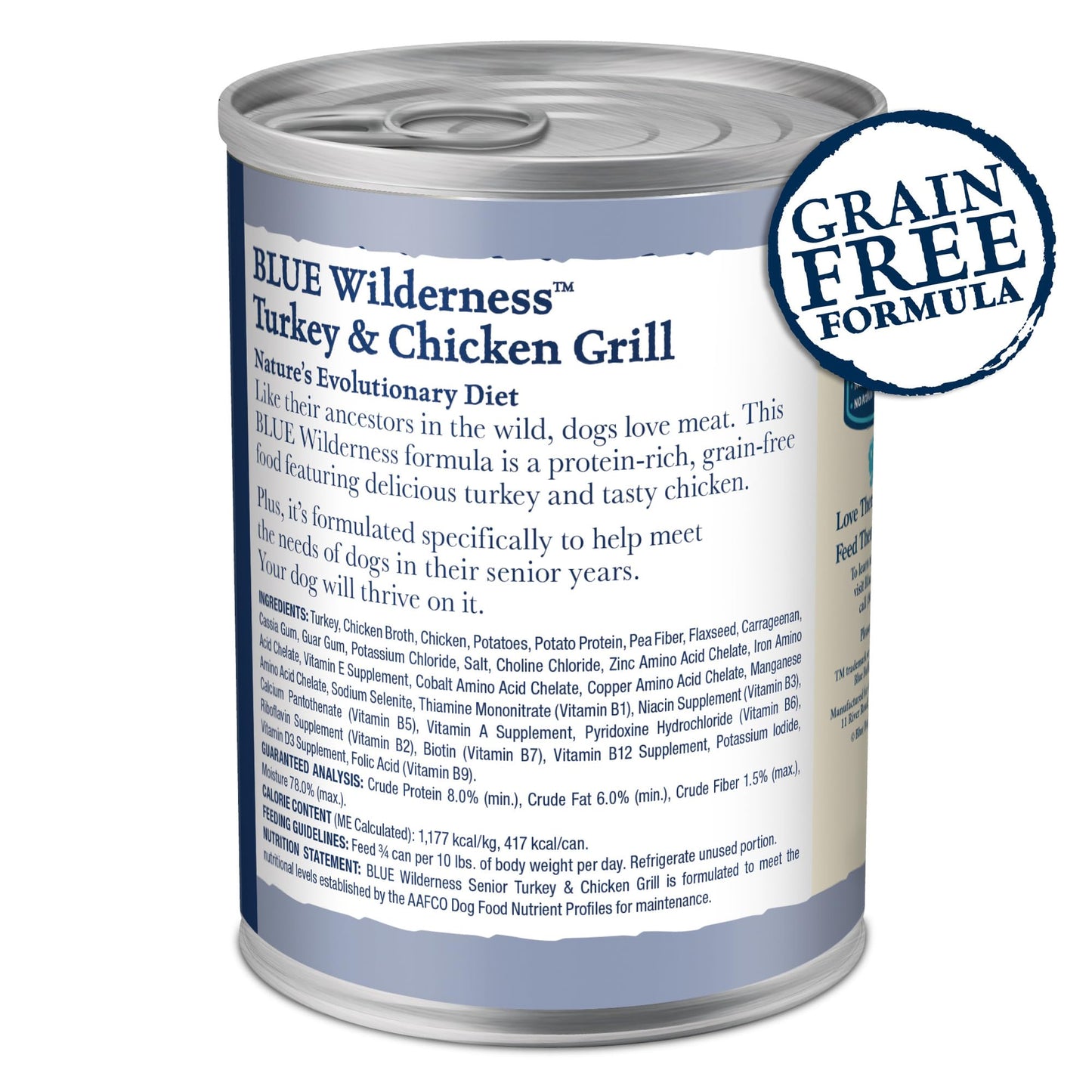 Blue Buffalo Wilderness High Protein Grain Free, Natural Senior Wet Dog Food, Turkey & Chicken Grill 354G Can (Pack Of 12)
