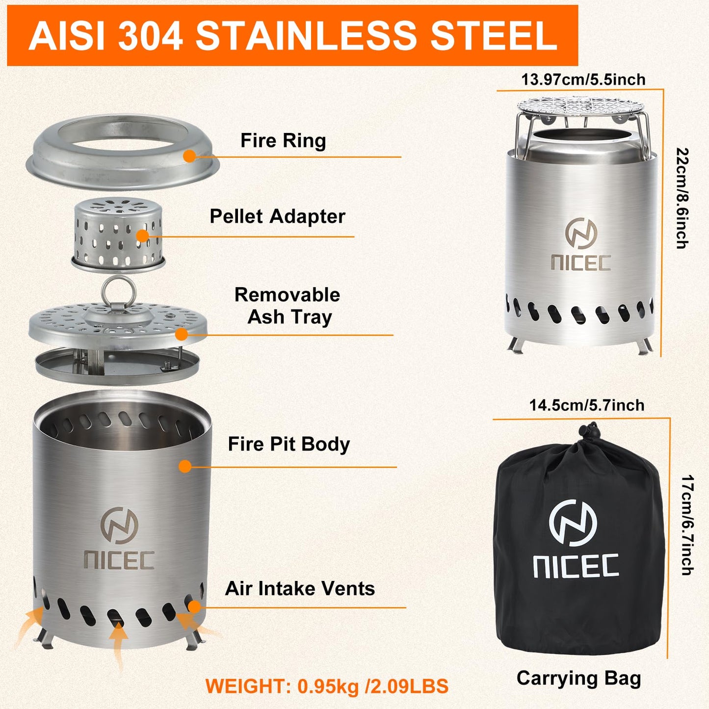 Nice C Fire Pits, 5.5 Inch Smokeless Fire Pits, Portable Fire Pit, Outdoor Fire Pit, Tabletop Fire Pit, Wood Buring Fireplaces, Stainless Steel, with Grill Grate, Removable Ash Tray & Carry Bag