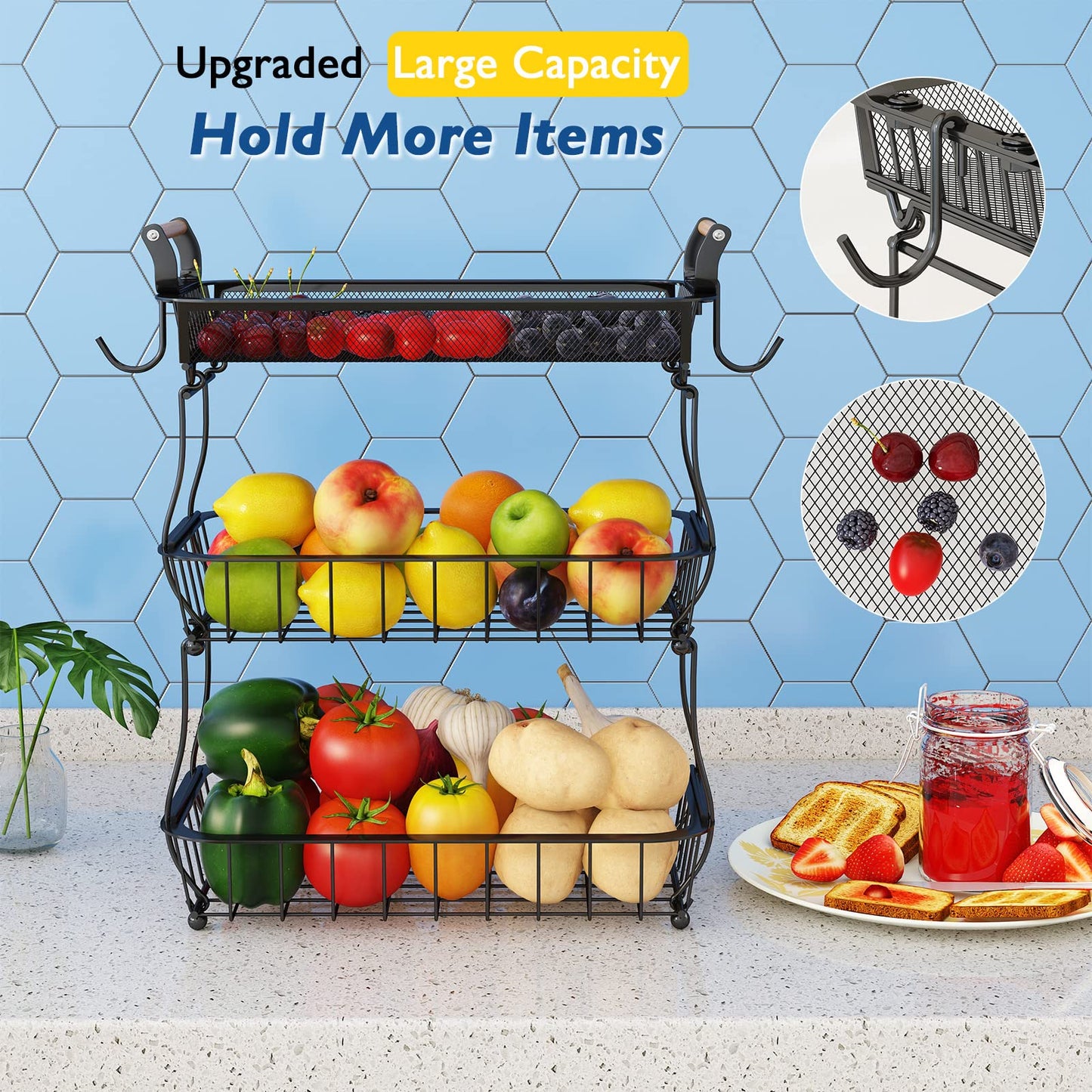 ANTOPY 3 Tier Fruit Basket with 2 Banana Hangers, Countertop Vegetable Bowl for Kitchen Counter Metal Mesh Fruits Stand Produce Holder Organizer Onion Potato Bread Snack Veggie, Black BP209