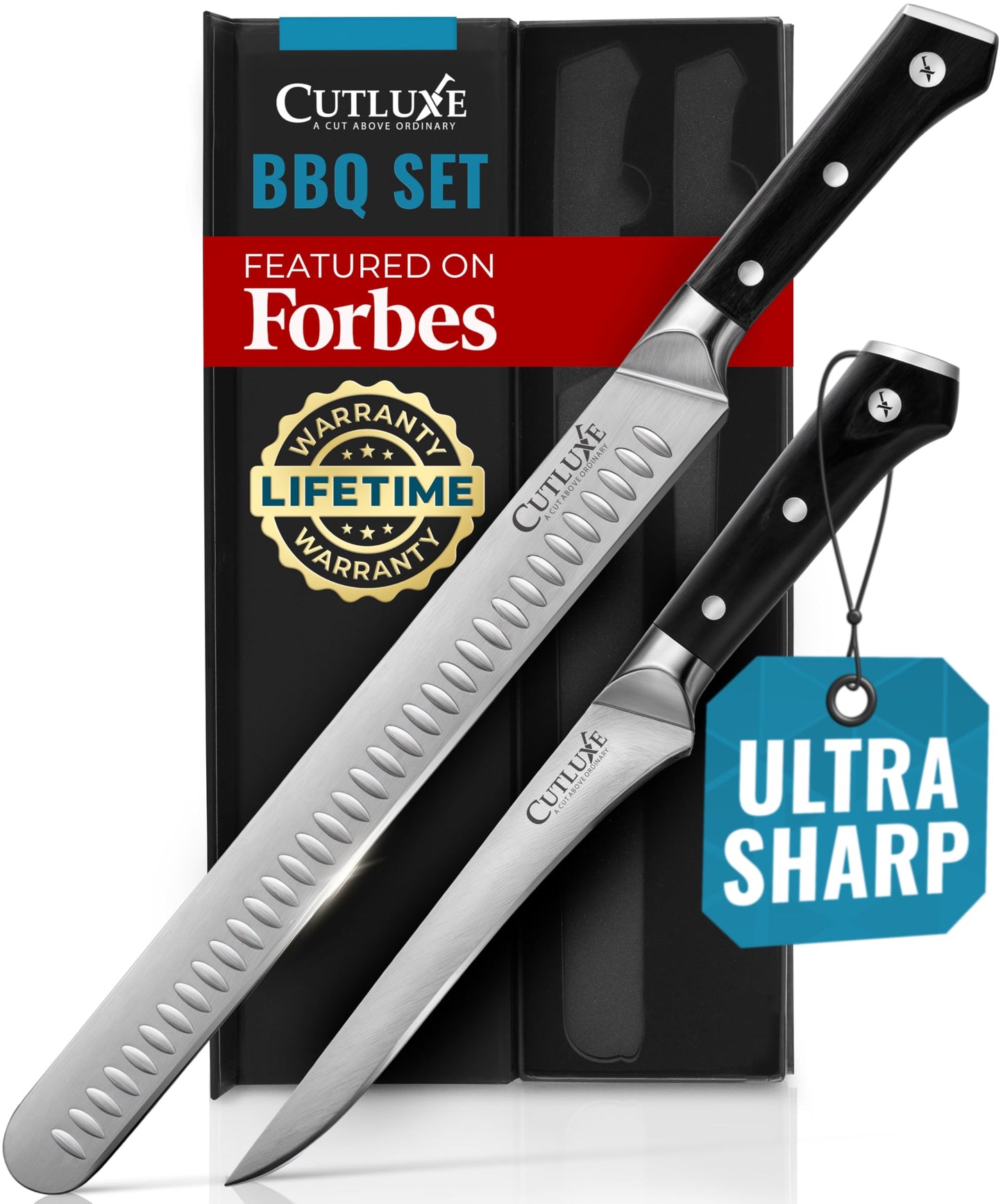 Cutluxe BBQ Carving Knife Set – Brisket Slicing Knife and Boning Knife for Meat Cutting – Professional Knife with Razor Sharp German Steel, Full Tang, Ergonomic Handles – Artisan Series