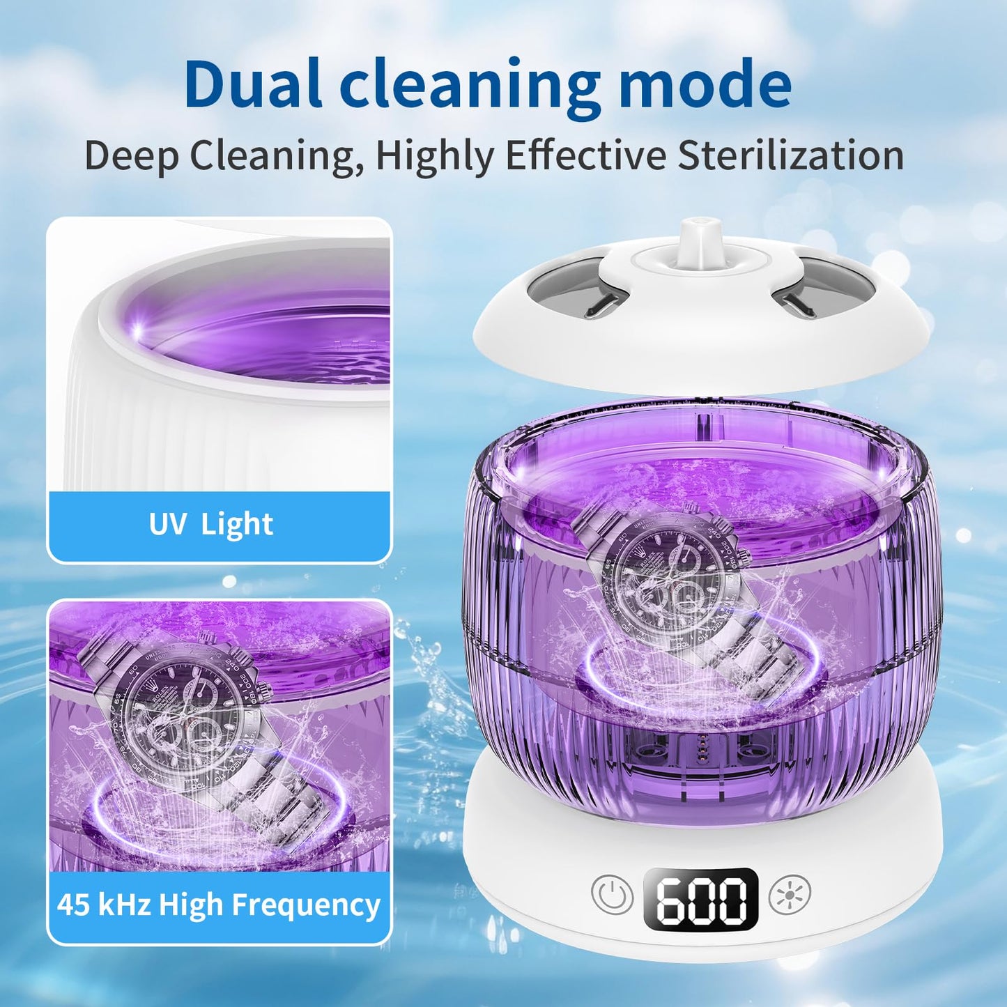 2025 Upgraded Ultrasonic Retainer Cleaner Machine,Separate Retainer Cleaner for Night Guards, Braces, Aligner, Jewelry, 4 Modes Denture Cleaner & Removable Base and Top Cover(White)