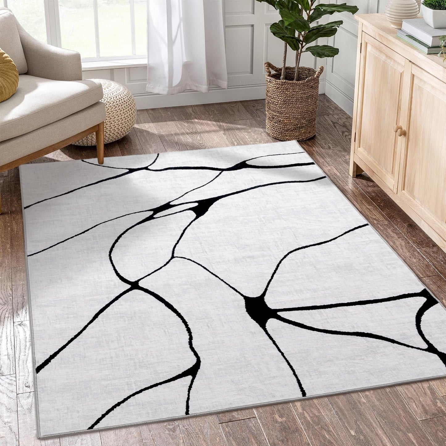 YIHOUSE 5x7 Washable Living Room Rug - Modern Abstract Black and White Area Rug Non-Slip for Bedroom Home Office (Warping, 5x7ft)