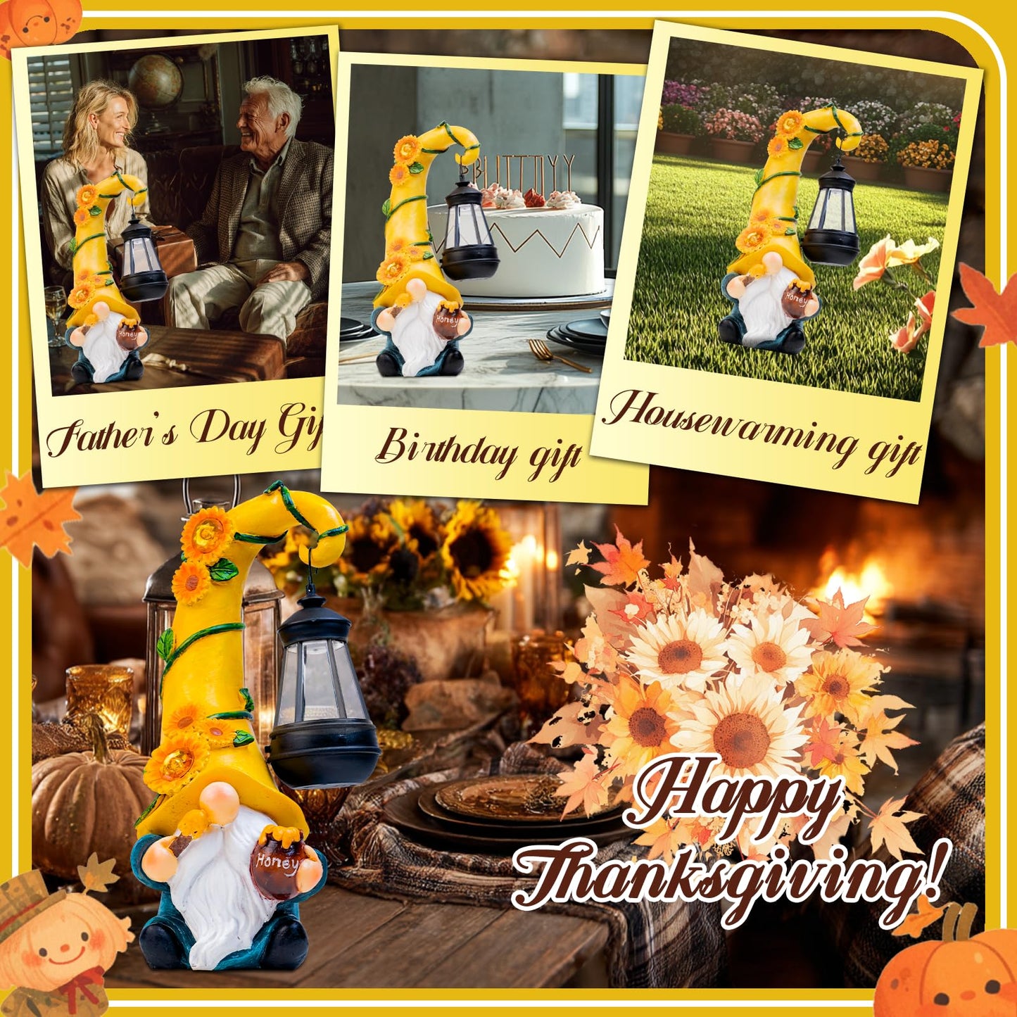 twinbling Birthday Gifts for Mom Grandma 12" Solar Fall Gnome Sunflower Garden Statues Honey Bee Jar Decor with LED Lantern Outdoor Summer Gnomes Decorations Patio Yard Balcony Art Gifts for Women