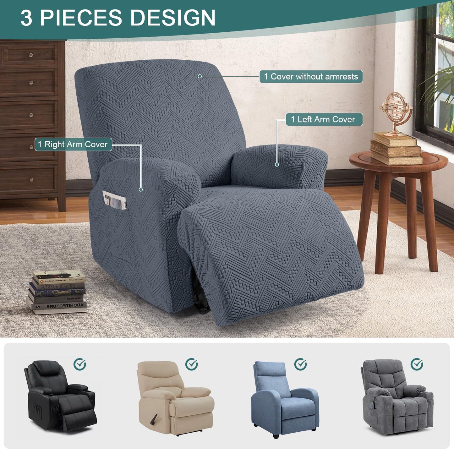 Ruaozz Recliner Sofa Covers Recliner Chair Covers Recliner Covers for Reclining Chair with Pockets Washable Furniture Protector with Elastic Bottom (1 Seater, Grey)