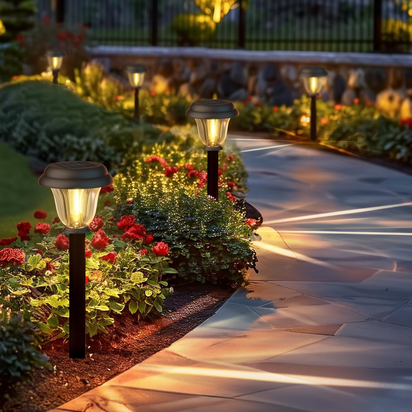 DERAYSION Solar Lights Outdoor 6 Pack, Stainless Steel Glass Solar Pathway Lights, Auto On/Off Long-Lasting Waterproof Landscape Lighting for Garden, Landscape, Path, Yard, Warkway (Warm White)
