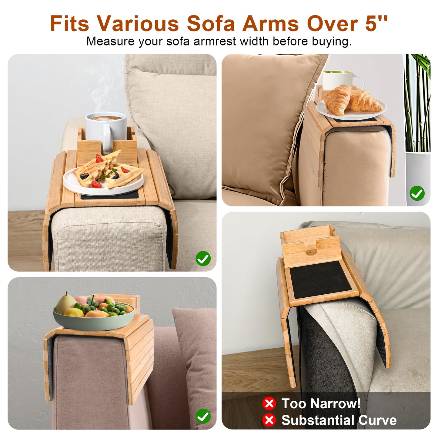 Joy&Grace Sofa Armrest Tray with Large Mug Holder, Bamboo Couch Arm Tray, Anti-Slip Couch Cup Holder Foldable Sofa Arm Table for Eating Drinks Cellphone (Color Natural)
