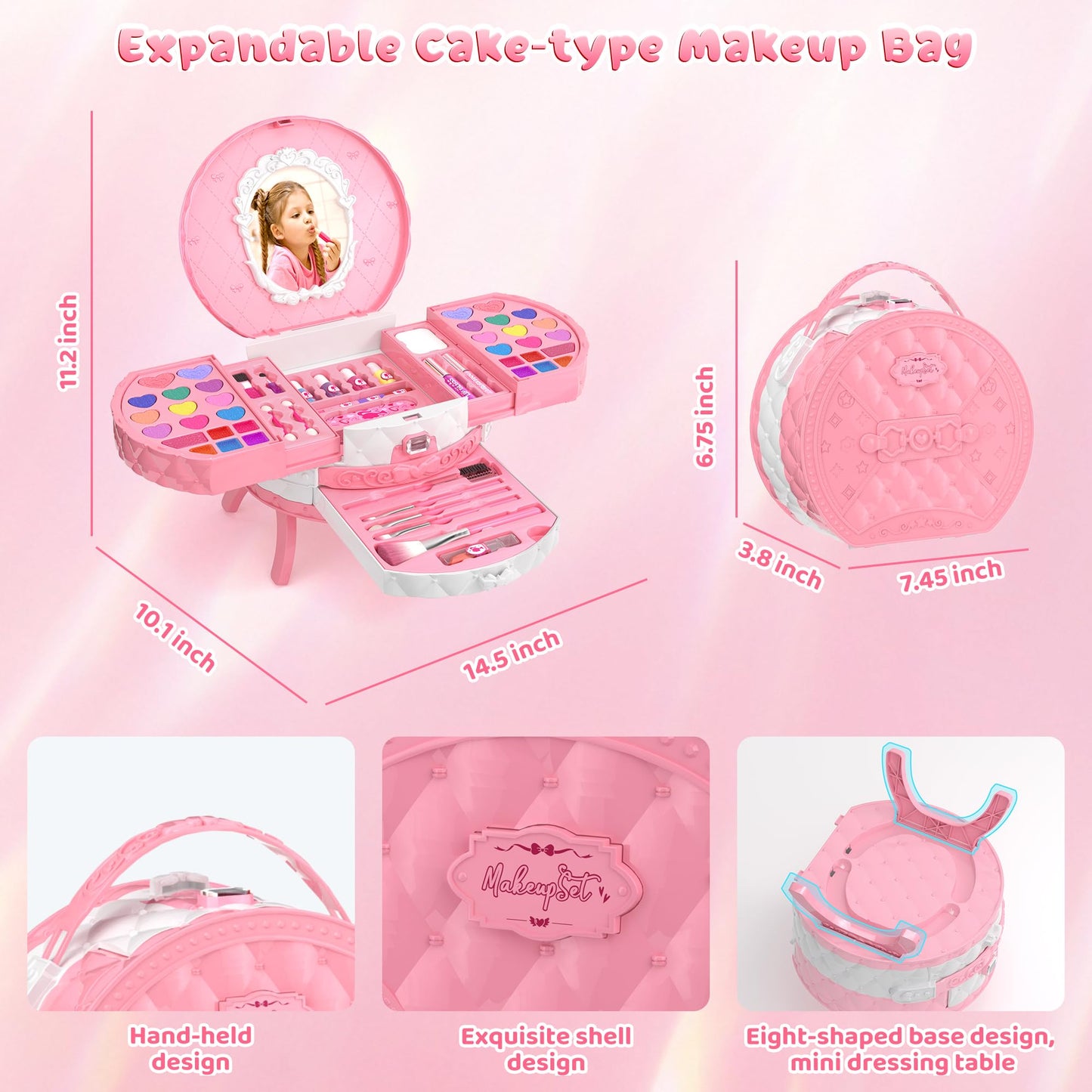 PERRYHOME Kids Makeup Kits for Girls,57 Pcs Kids Makeup Sets for Girls 3-12,Non-Toxic Washable Real Cosmetic Set,Birthday Gift Princess Toys (Fairy Floss Pink)