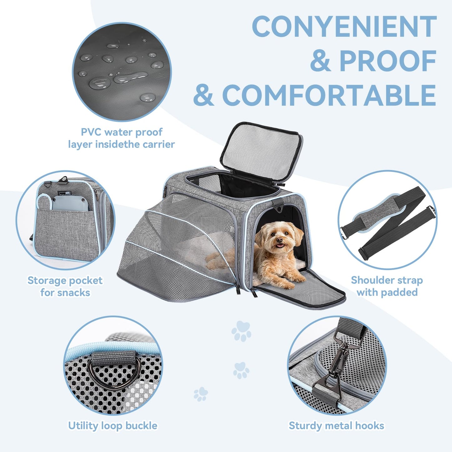 Petsfit Expandable Cat Carrier Dog Carrier,Airline Approved Soft-Sided Portable Pet Travel Washable Carrier for Kittens,Puppies,Removable Soft Plush mat and Pockets,Locking Safety Zippers