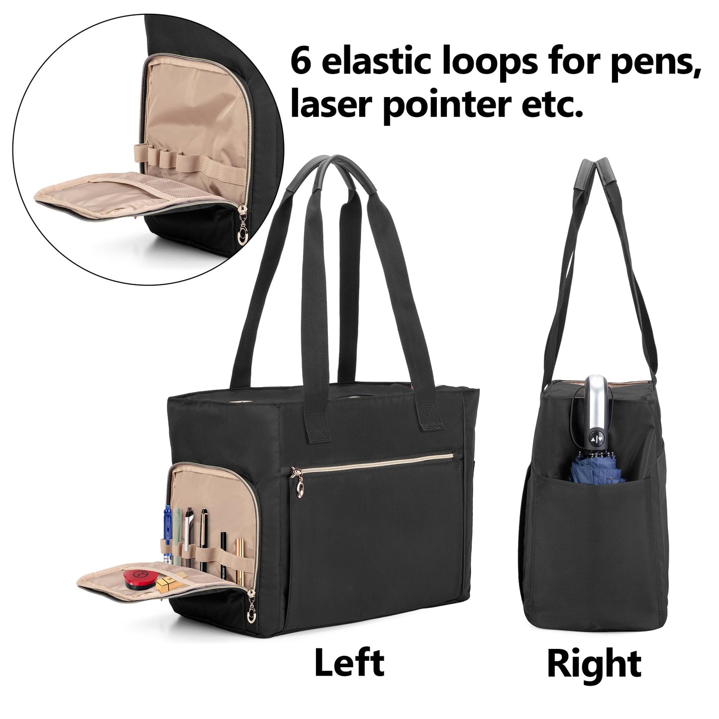CURMIO Teacher Tote Bag for Women, Portable Teacher Work Bag with Padded Sleeve and Compartments for Laptop, School Supplies, Ideal Gifts for Teachers, Black, Bag Only
