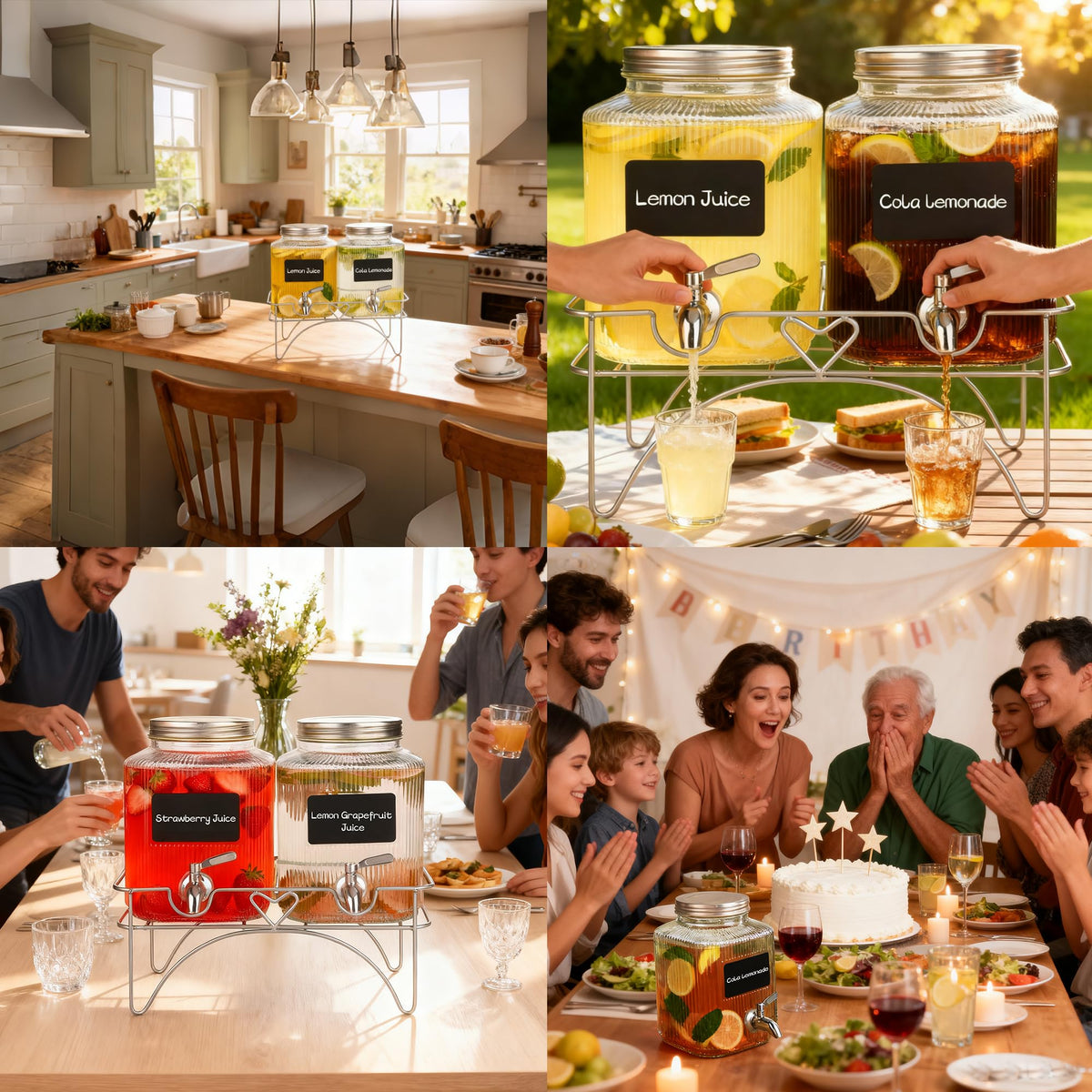Lulonpon 2 x 4L(1.06 Gallon) Glass Drink Dispenser, Beverage Dispenser with Stainless Tap, Glass Water Juice Dispensers with Metal Stand, Water Jug with Tap Perfect for Parties,Weddings,Birthdays