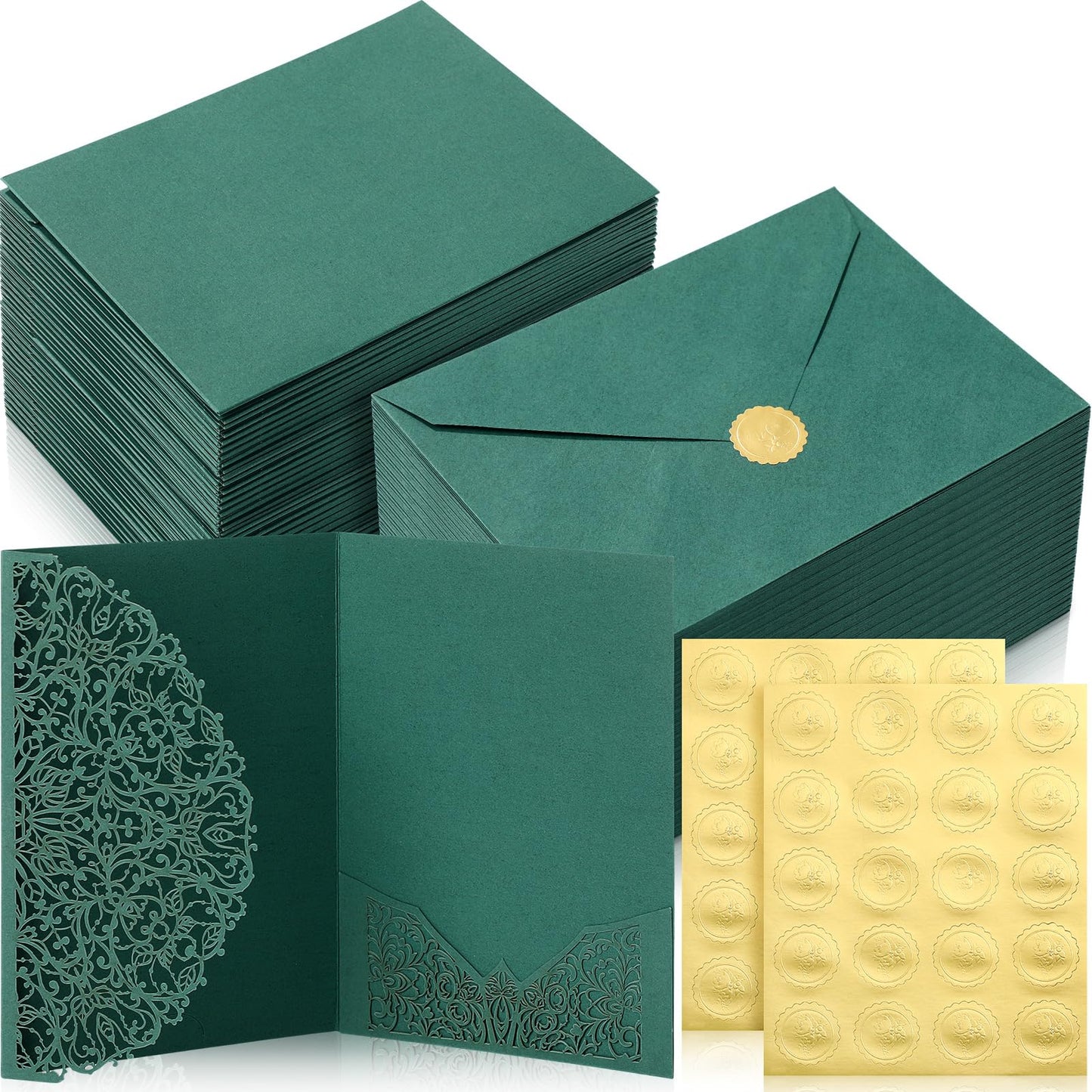 PerKoop 100 Set 5 x 7 Laser Cut Wedding Invitation with Envelopes and Wax Seal Stickers Blank Pocket Invitation Cards Kit for Wedding Bridal Shower Engagement Invite(Dark Green)