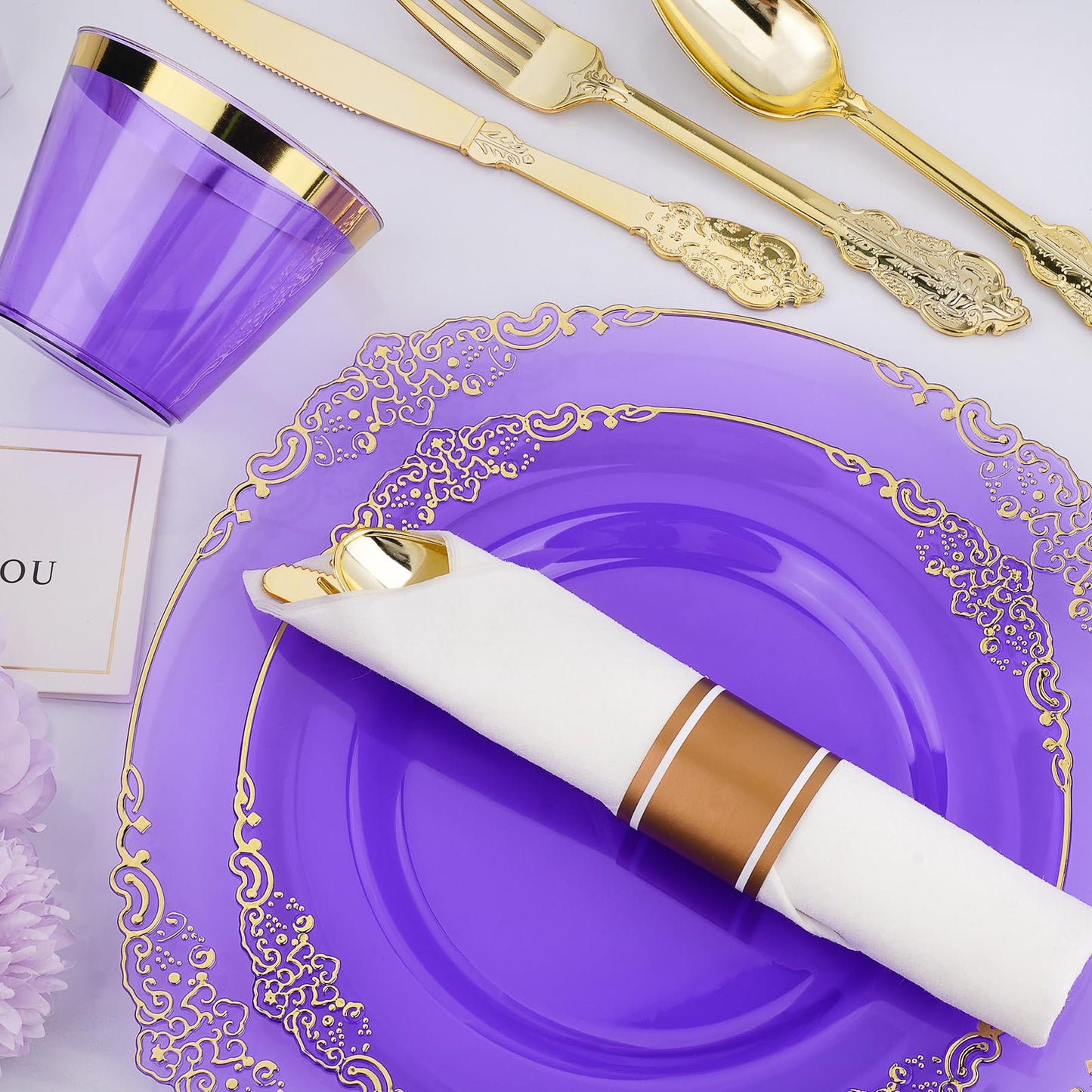 Bestluck 350 PCS Purple and Gold Plastic Plates, Disposable Dinnerware Set for 50 Guests, 100 Disposable Plates, 150 Silverwares, 50 Cups, 50 Napkins for Wedding, Party