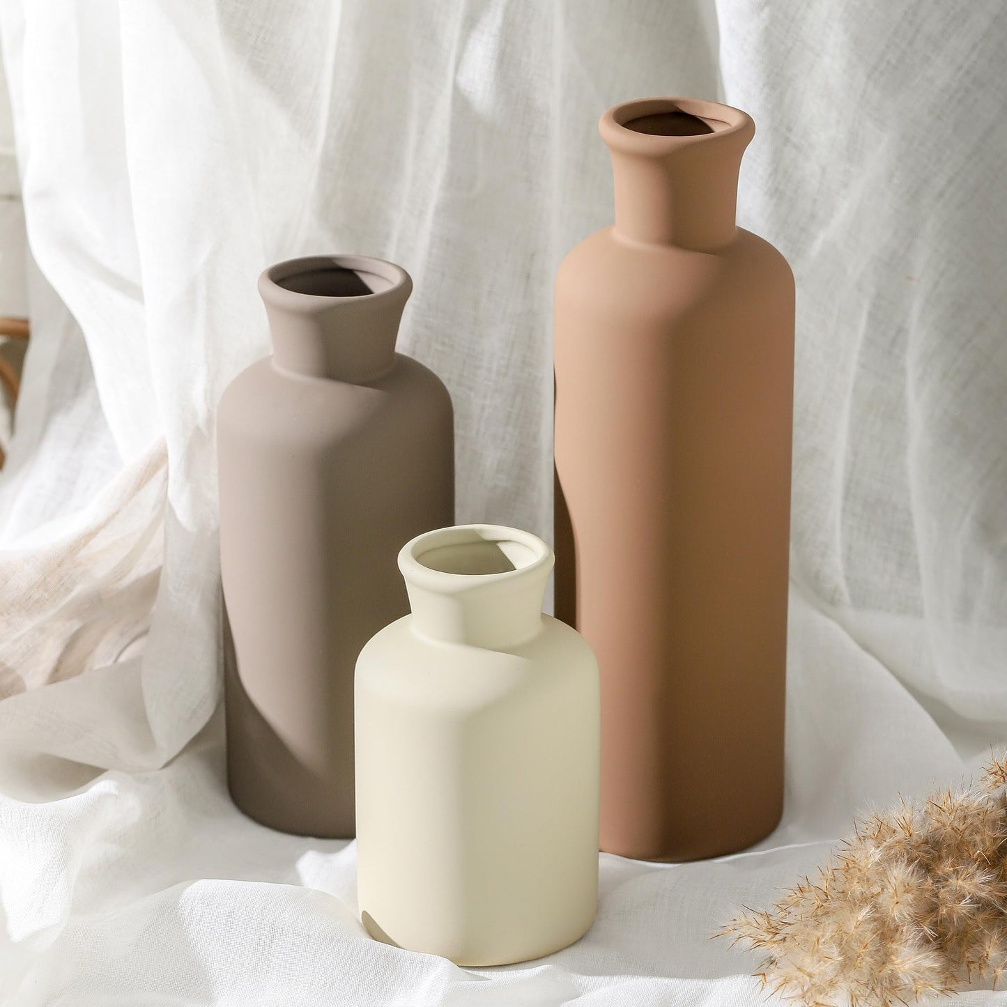 Vase Set of 3, Ceramic Vases Neutral Modern Vases Home Decor Rustic Farmhouse Decor Flowers Pampas Vase for Table Mantel Entryway Shelf Living Room Kitchen Bathroom - Brown