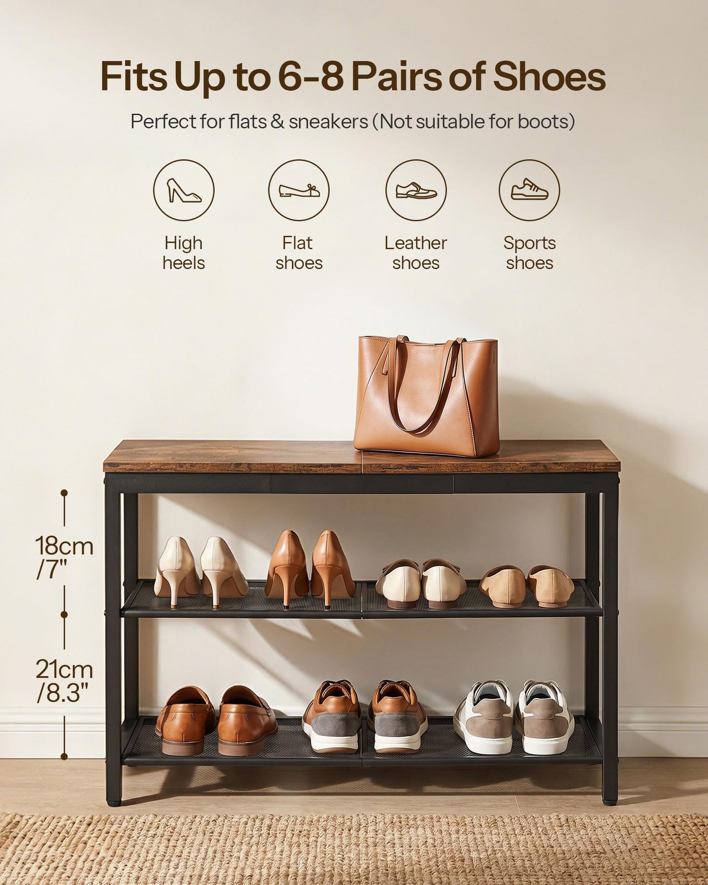 HOOBRO Shoe Bench, 3-Tier Shoe Rack, Industrial Shoe Organizer Storage Bench, 75 cm Entry Bench with Mesh Shelves, for Entryway, Living Room, Hallway, Easy Assembly, Rustic Brown BF75HX01