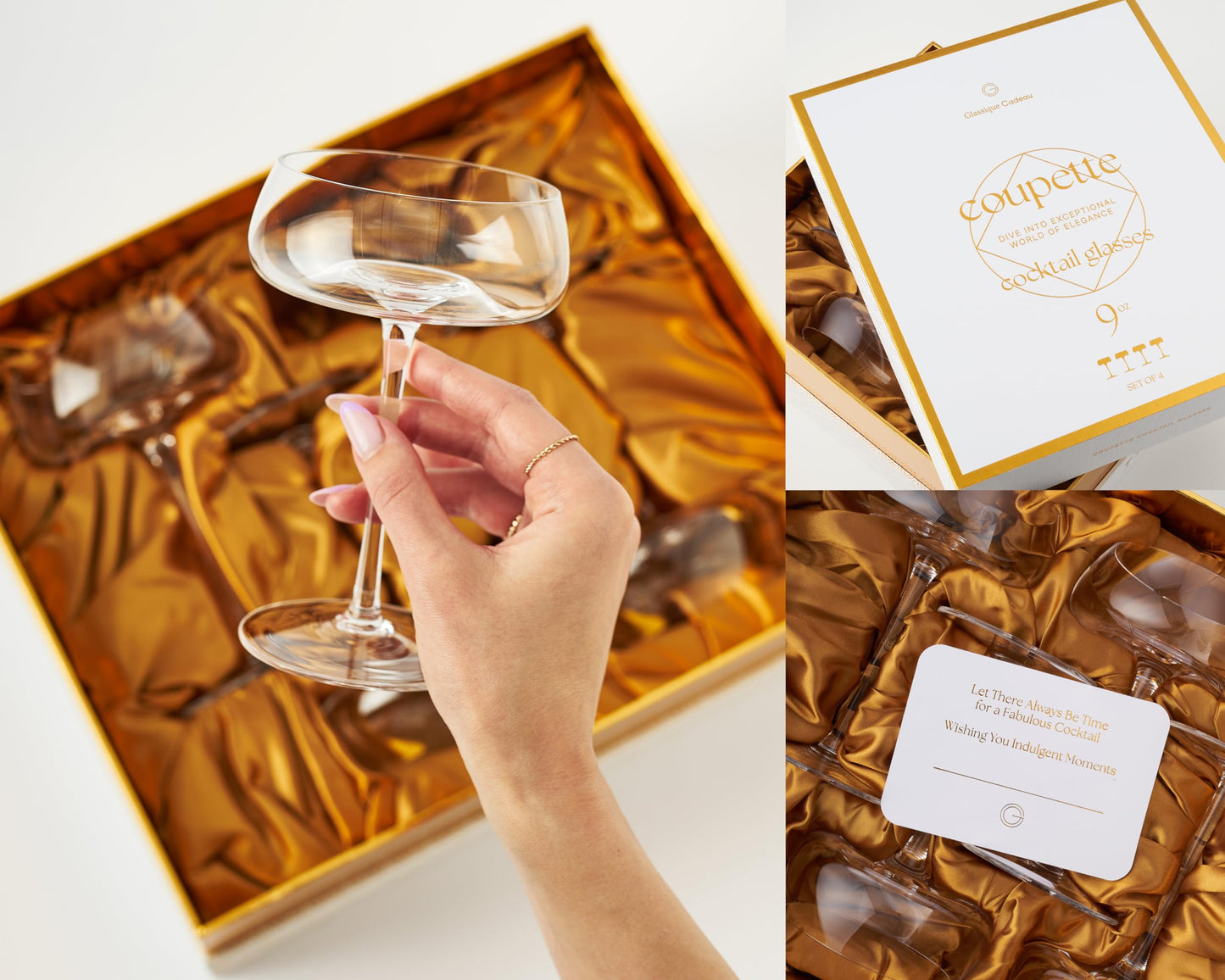 Crystal Cocktail and Champagne Coupette Glasses | Set of 4 | 9 oz Elegant Long Stemmed Coupe Glassware for Espresso Martini, Daiquiri, Cosmopolitan, Gimlet | Fancy Round Saucers