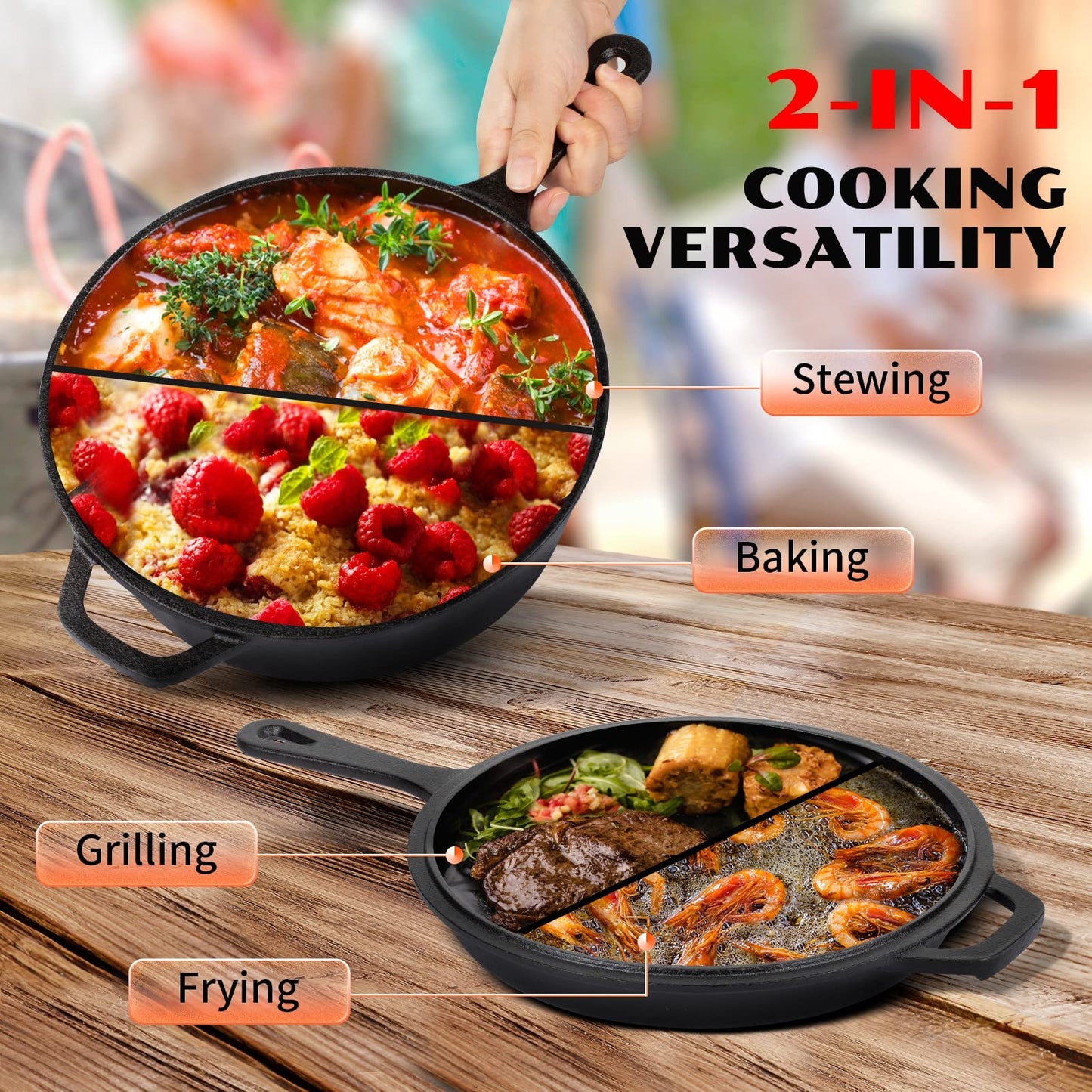 Overmont 2-in-1 Cast Iron Dutch Oven - 3.2QT Deep Pot with Frying Pan Lid & Recipe, Pre-seasoned Multi Cooker Skillet Suitable for Grill, Baking, Induction, Stovetop