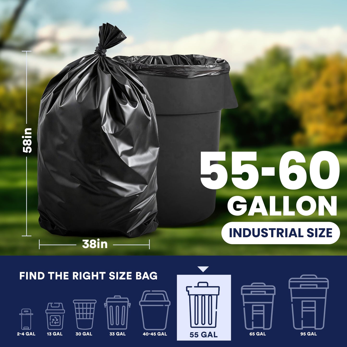 Plasticplace 55-60 Gallon Trash Bags, 1.2 Mil‚ Black Heavy Duty Garbage Can Liners‚ 38” x 58” (50 Count)
