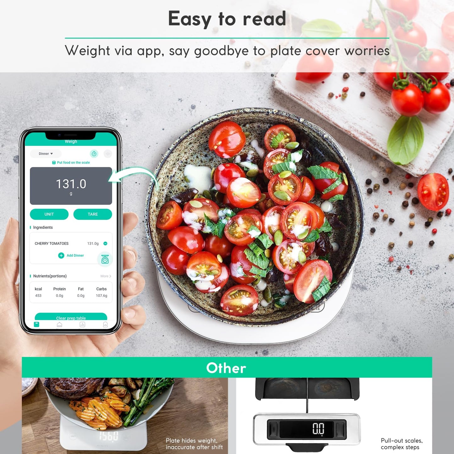 Arboleaf Smart Food Scale Rechargeable, 22lb Digital Kitchen Scale with Calorie Counter, Weighing with App for Macro, Keto, Calorie, Cooking, Grams and Ounces, 0.1oz/0.5g, White