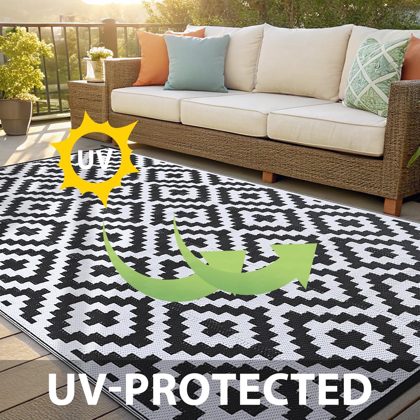 OLANLY Outdoor Rug Waterproof Reversible 5x8 ft, Durable Plastic Straw Patio Camping Carpet, Large Foldable RV Mat for Backyard, Deck, Picnic, Camper, Bench, All-Weather, Lightweight, Black & White