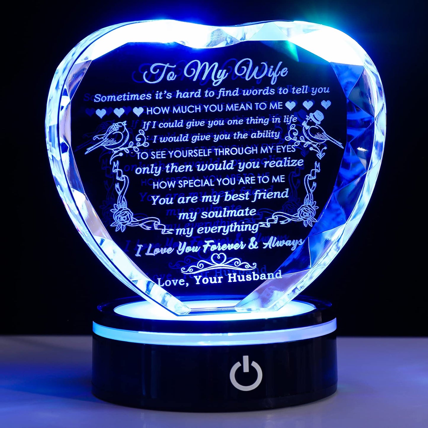 YWHL Gifts for Wife: Crystal Heart Keepsakes with LED Base - I Love You Gifts for Her from Husband