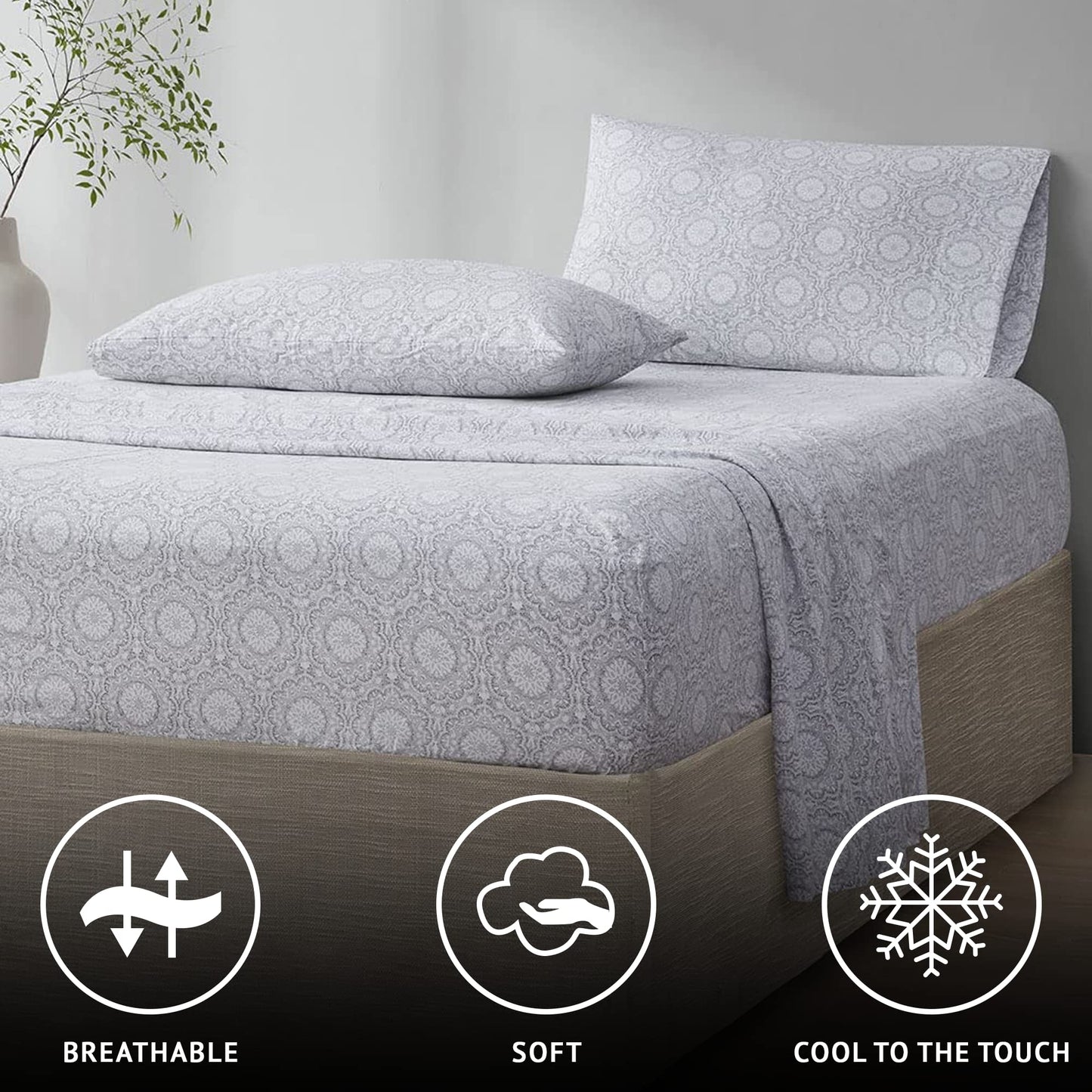 Comfort Spaces 100% Cotton Sheets Queen, Breathable, Naturally Cool Cotton Sheets, Soft Cotton Bed Sheets with 14" Elastic Pocket Fits up to 16" Mattress, All Seasons Sheet Set, Adelia Gray 4 Piece