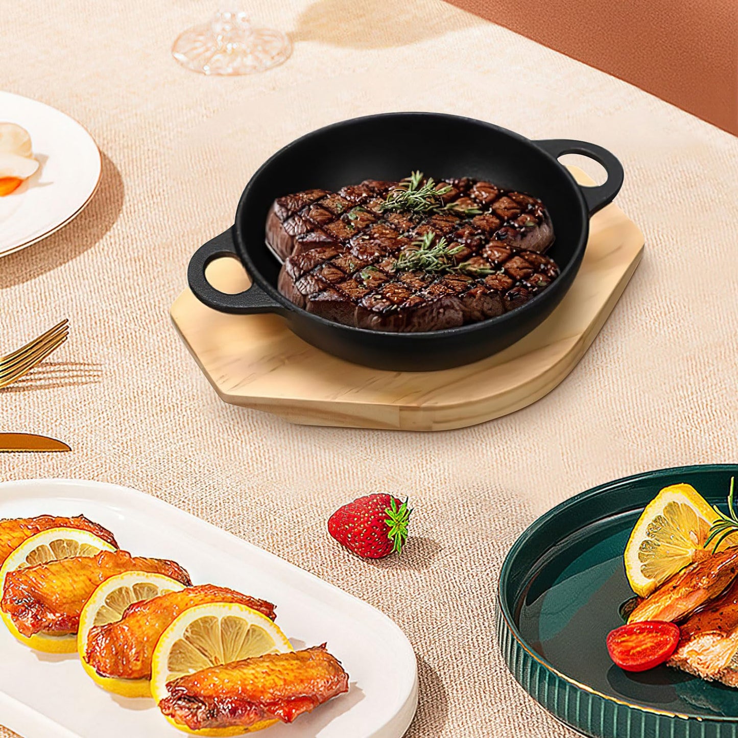 6 Sets Mini Cast Iron Skillet with Wooden Base Small Round Fajita Plate Iron Pan Pot for Cooking Party (6.3 Inches)