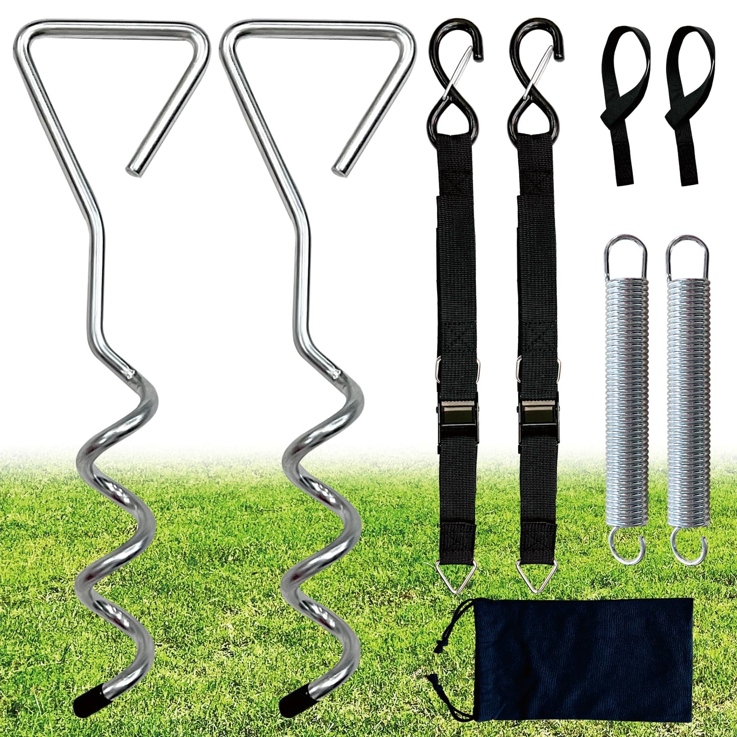 Dulepax RV Awning Tie Down Kit, Heavy Duty RV Awning Anchor Kit, Camper Awning Anchors Accessories Set, Include Shock Absorbing Spring, Spiral Stakes, Soft Loops, Pre-Assembled Thick Straps