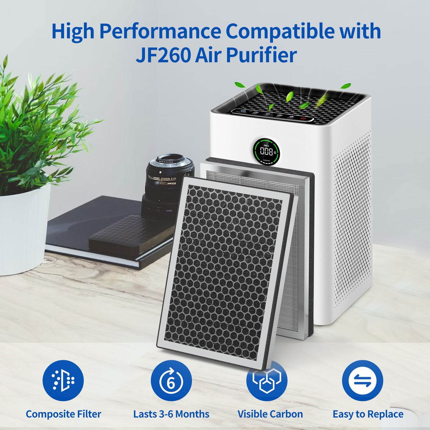 4 Pack JF260 Replacement Filter Compatible with JF260 Air Purifier and AP1273 Air Purifier, 3-in-1 Filtration System H13 True HEPA Filter and Activated Carbon Filter, Part# JF260-RF, Silver