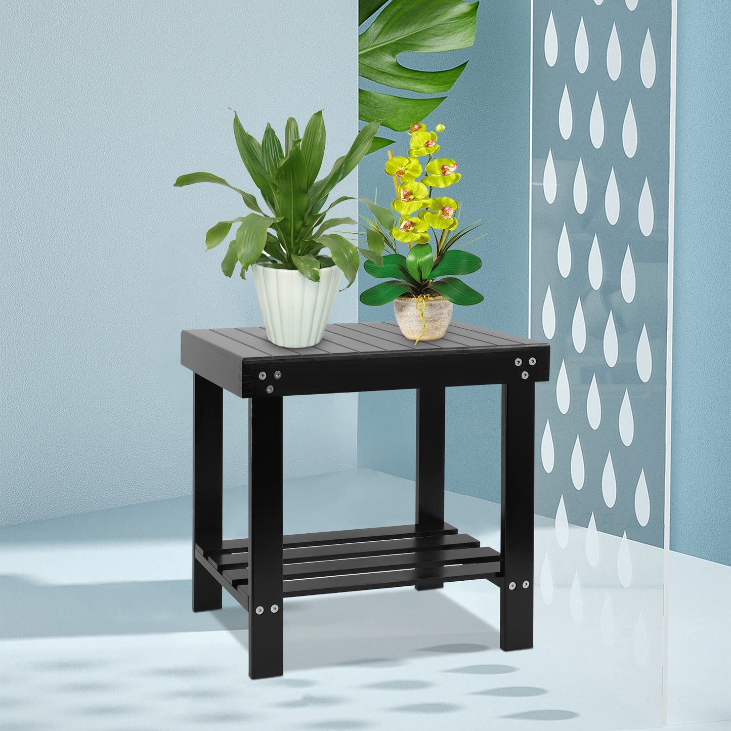 VaeFae - Bamboo Spa Bench with Non-Slip Feet and Shampoo Towel Storage Shelf, Works in Bathroom, Living Room, Bedroom, Garden, Black