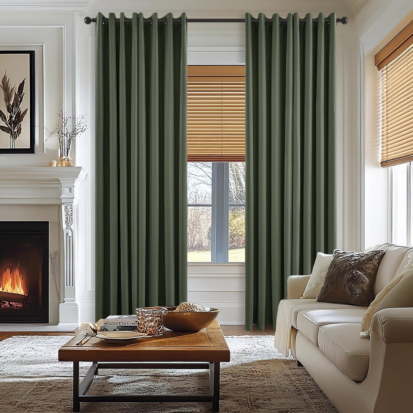 Olive Green Blackout Curtains Linen Textured for Bedroom Black Out Linen Curtains 84 Inches Long Full Light Blocking Thermal Insulated Drapes Panels Energy Saving with White Liner 52x84 Inch 2 Panels