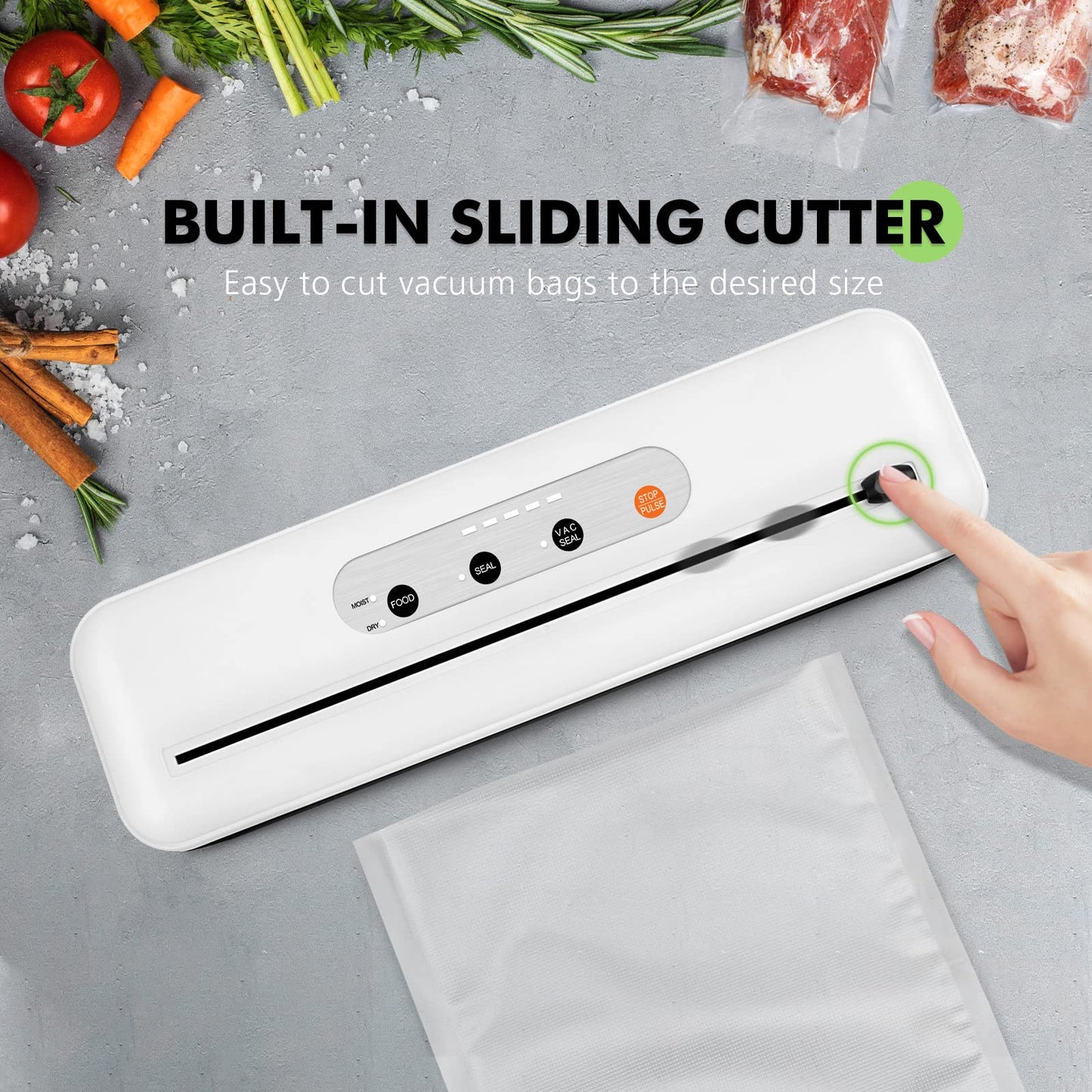 Toprime Vacuum Sealer Machine VS6611, 80kPa Powerful Food Sealer Built-in Cutter with Sealing Bag and Hose, Vacuum Air Sealing System for Seal a Meal and Sous Vide (White)