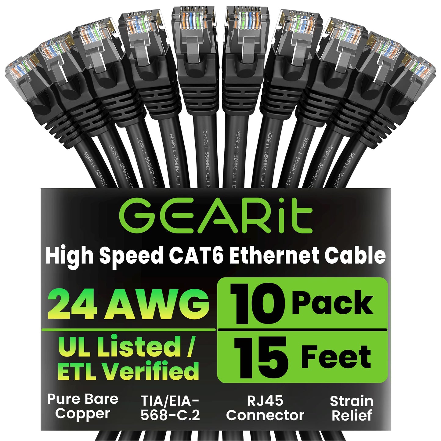 GearIT 10 Pack, Cat 6 Ethernet Cable Cat6 Snagless Patch 15 Feet - Computer LAN Network Cord, Black - Compatible with 10 Port Switch POE 10port Gigabit