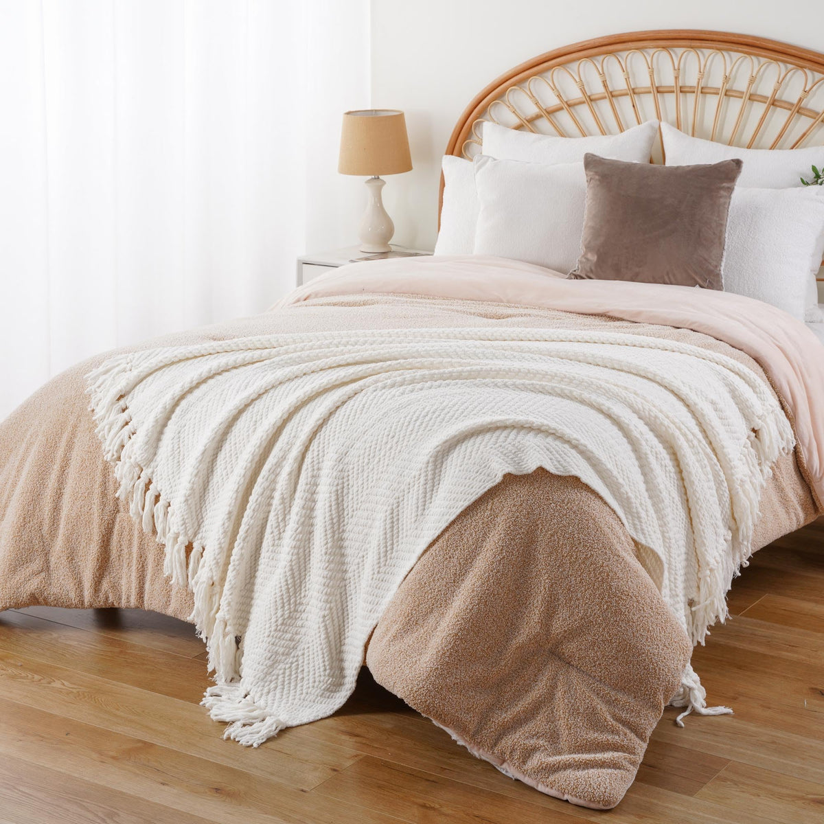 BATTILO HOME Cream Throw Blankets for Couch, Textured Knitted White Throw Blanket with Tassels, Ivory Blanket for Bed Sofa Cover Living Room, Soft Warm Cozy Large Cream Blanket for Home Decor,60"x80"
