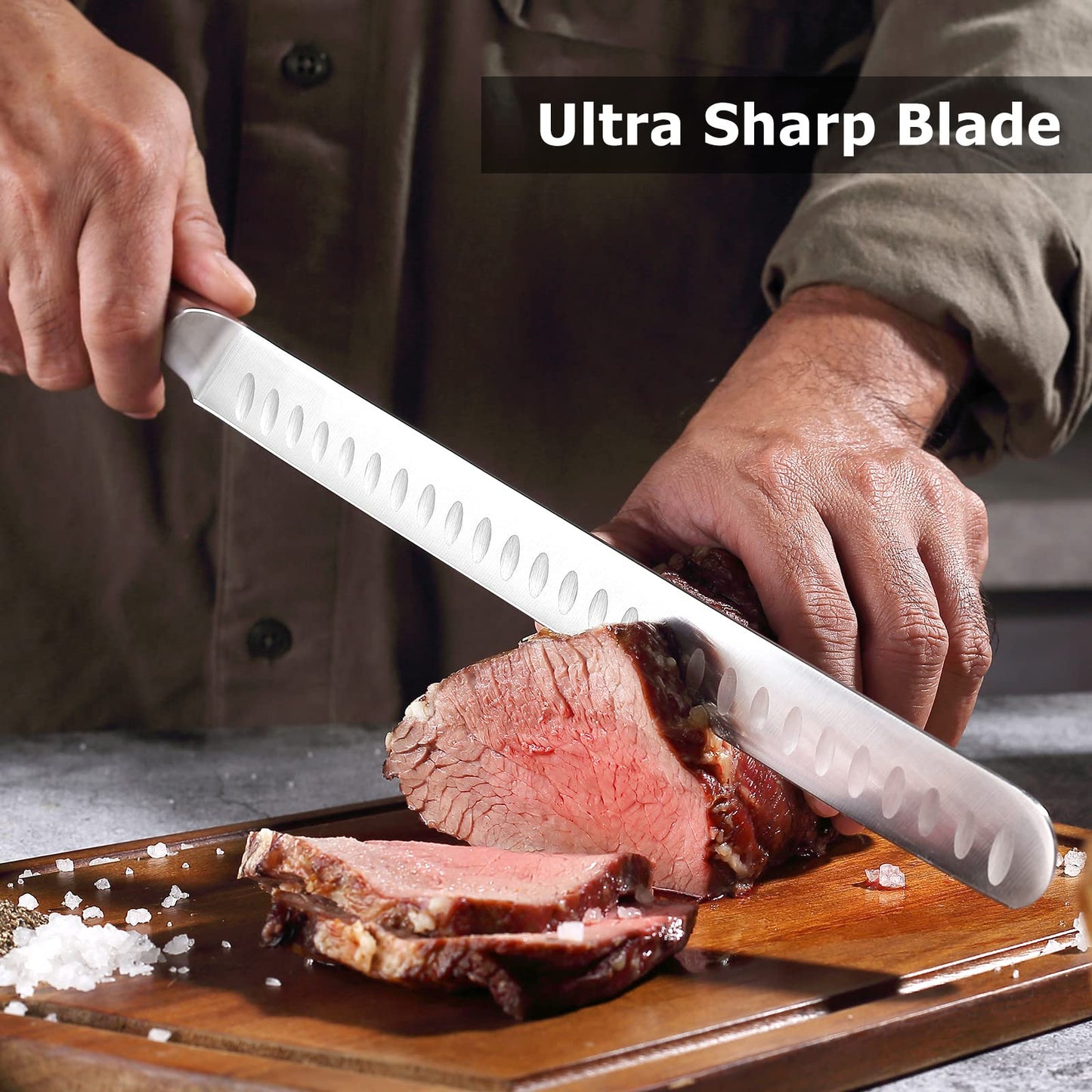 PAUDIN Carving Knife 12 Inch, Premium Brisket Knife, Full Tang Design with Granton Blade and Ergonomic G10 Handle, for Cutting Ham Roast Ribs Turkey, Ideal Gifts for Father's Day (Dishwasher Safe)