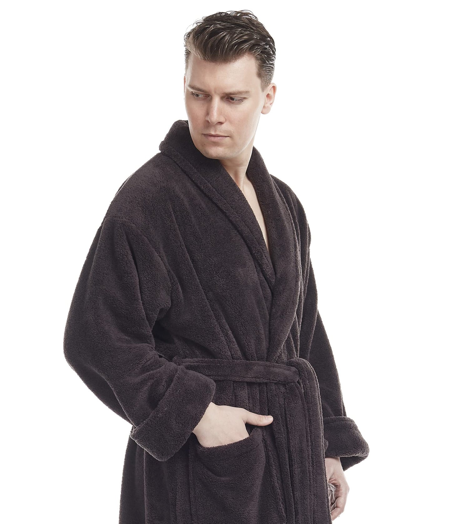 Arus Men's Fleece Robe, Long Shawl Turkish Bathrobe, Charcoal, L/XL