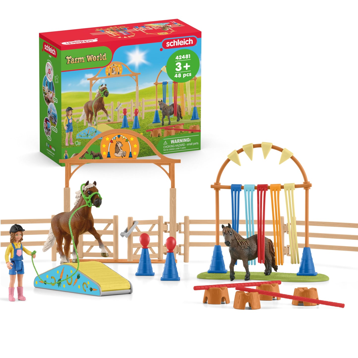 Schleich Farm World - 48PC Pony Agility Training Set with 2 Horse Figurines, Poseable Figure and Accessories - Horse Toys for Girls, Boys - Educational Animal Toys for Kids, Toddlers Ages 3+ | 42481