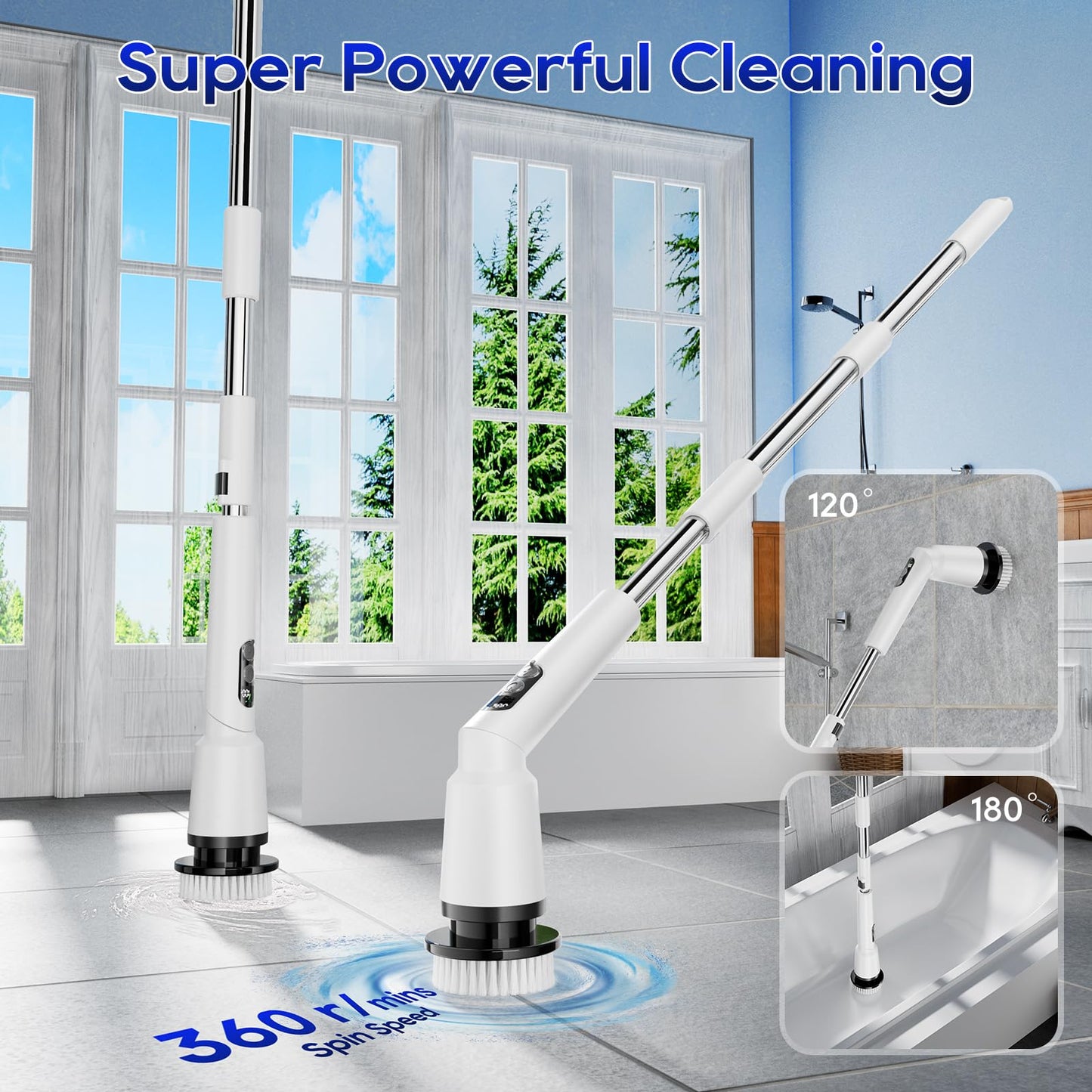 Kliburash Electric Spin Scrubber, 3 Speeds & Adjustable Long Handle Power Cordless Cleaning Brush, 8 Multifunctional Brush Heads with IPX7 Waterproof for Bathroom, Tub, Shower,Car Tiles