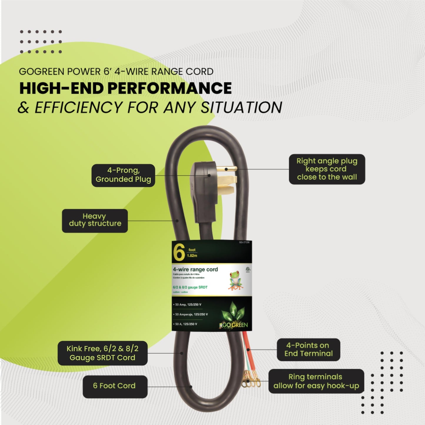 Perfpower Go Green 6-Feet 4-Feet Wire Range Cord, 50 Amp